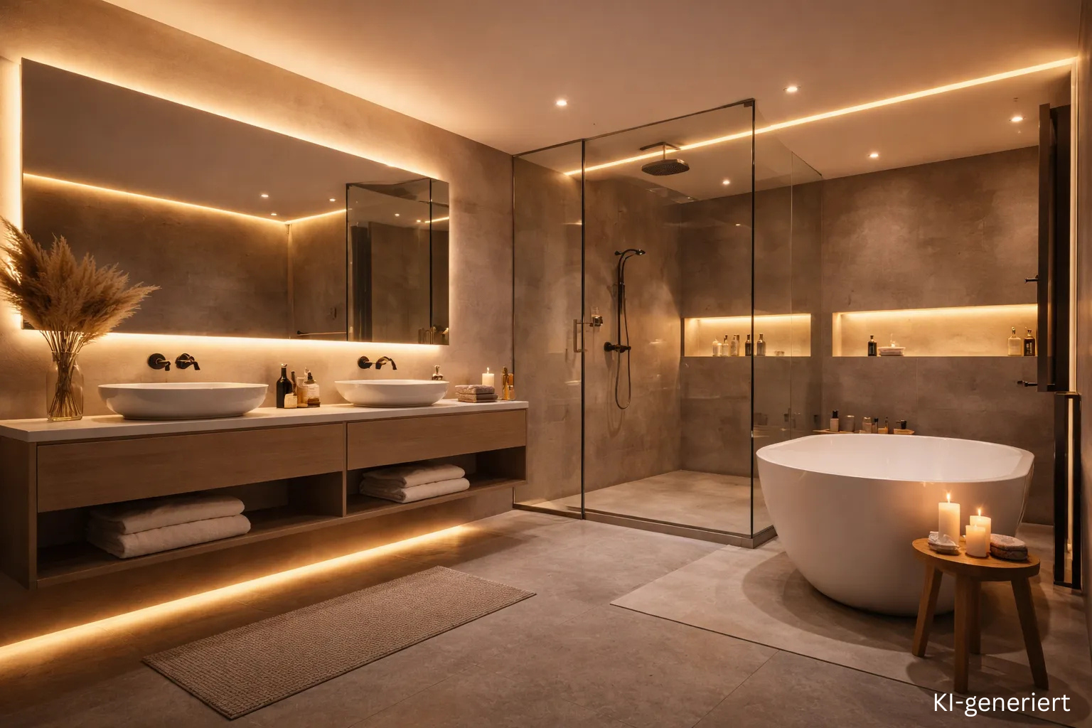 Indirekte Badbeleuchtung mit LED Streifen an Decke und Wandpaneel im modernen Badezimmer