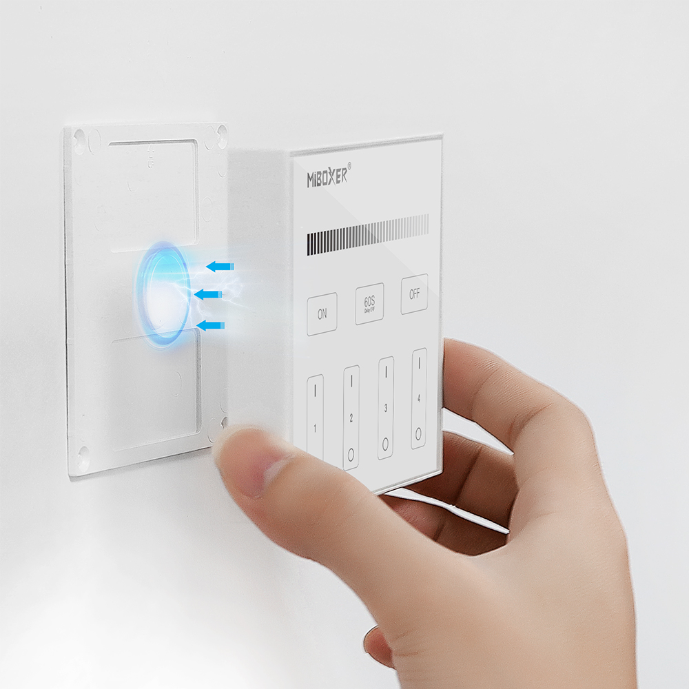 MiBoxer MI-B1 / MiLight B1 LED Wandpanel Weiß – 4 Zonen 2,4 GHz Funk Touchpanel mit Magnet-Wandhalterung | SK-LED MI-B1 / MiLight B1 LED Wandfernbedienung in Weiß – 4-Zonen Touchpanel mit 2,4 GHz Funksteuerung, magnetischer Wandhalterung und Glasoberfläche. Einfache Montage und kabellose Steuerung einfarbiger LED-Beleuchtung, kompatibel mit MiBoxer LED-Controllern.