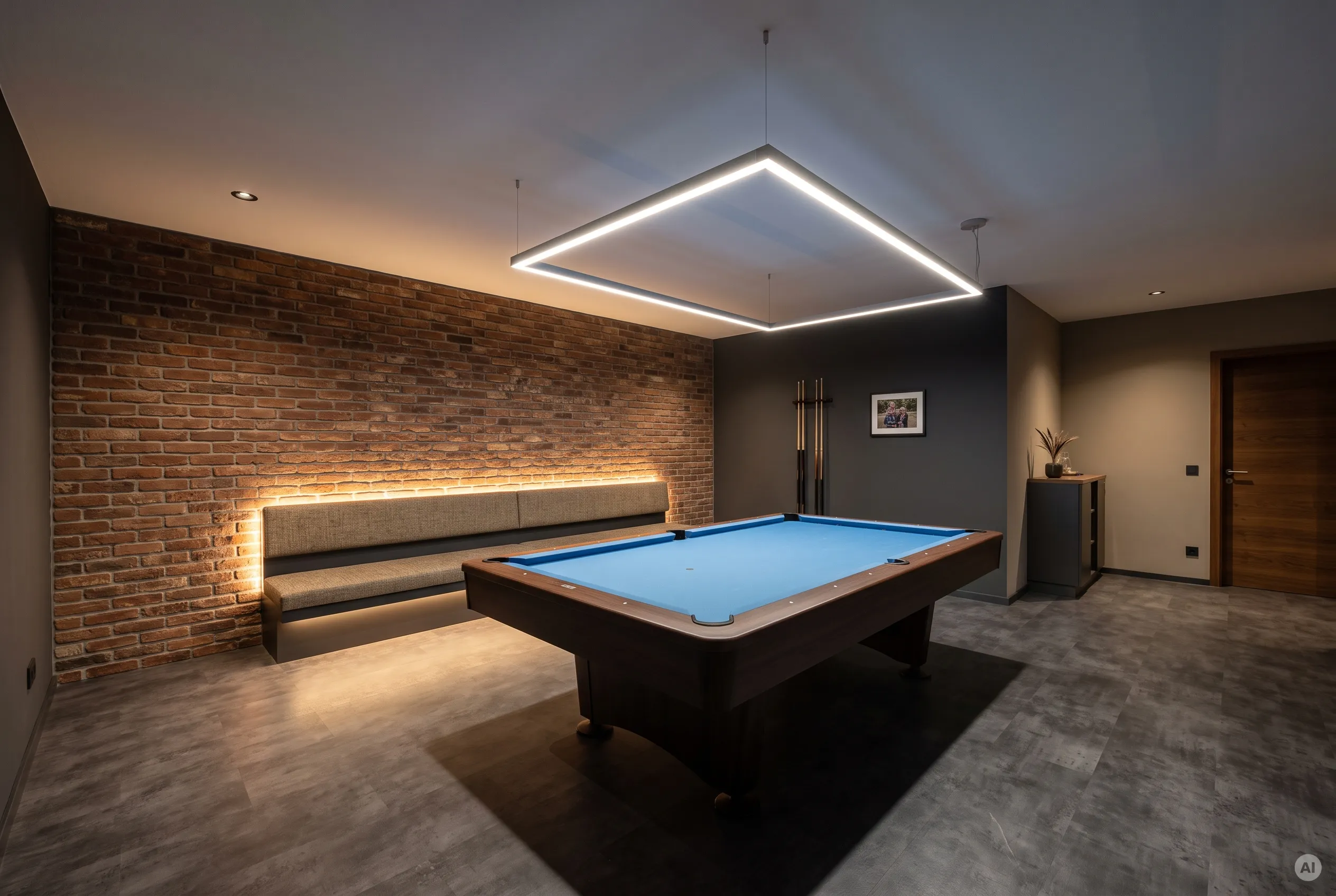 Großes Billardzimmer im Keller mit blauer Tuchbespannung, einer maßgefertigten rechteckigen LED-Deckenleuchte und warm beleuchteter Klinkerwand hinter der Sitzbank.