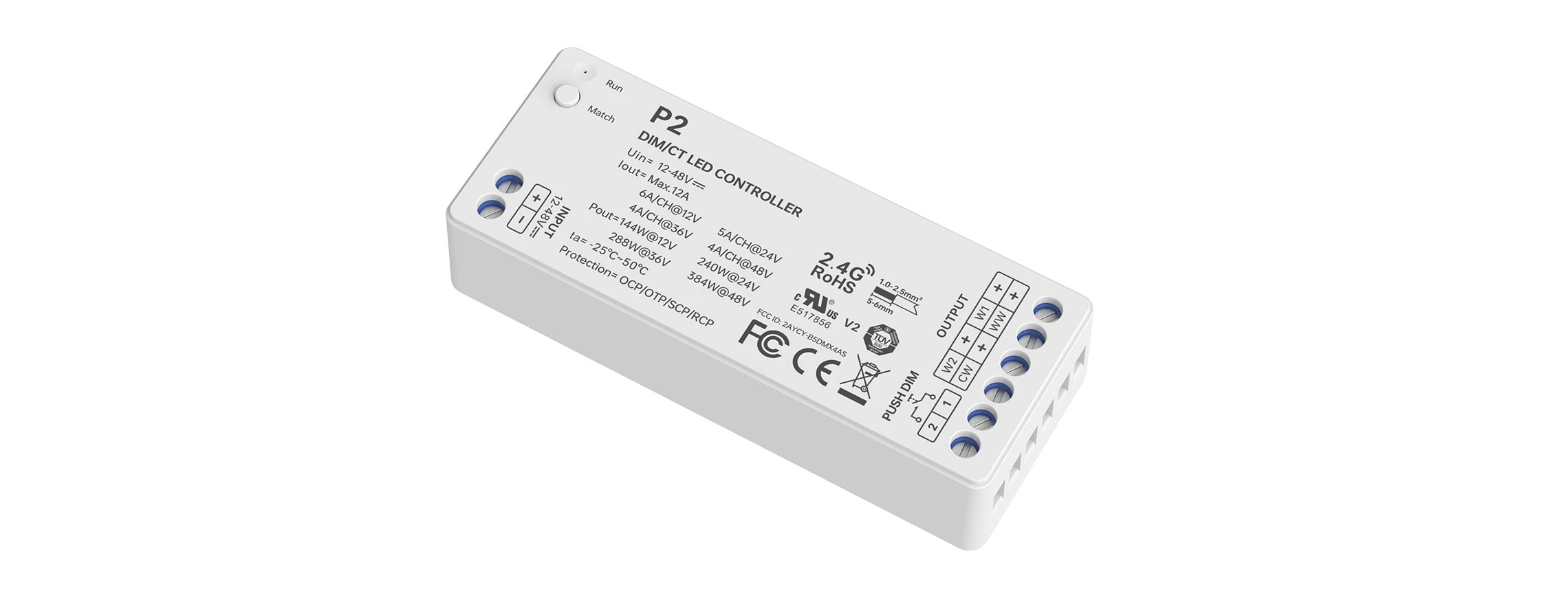 LTECH M2A+P2 CCT LED Funk Set 2.4 GHz, Funk Fernbedienung & 2-Kanal Empfänger, 12-48V DC, für CCT LED Streifen