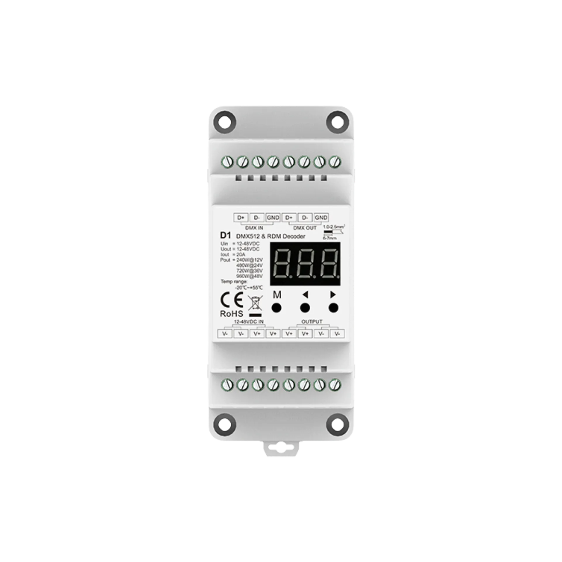 D1 DMX512 & RDM LED Controller, Frontansicht mit Digitalanzeige, Bedientasten und Klemmen für DMX In, DMX Out, Versorgung und Ausgang