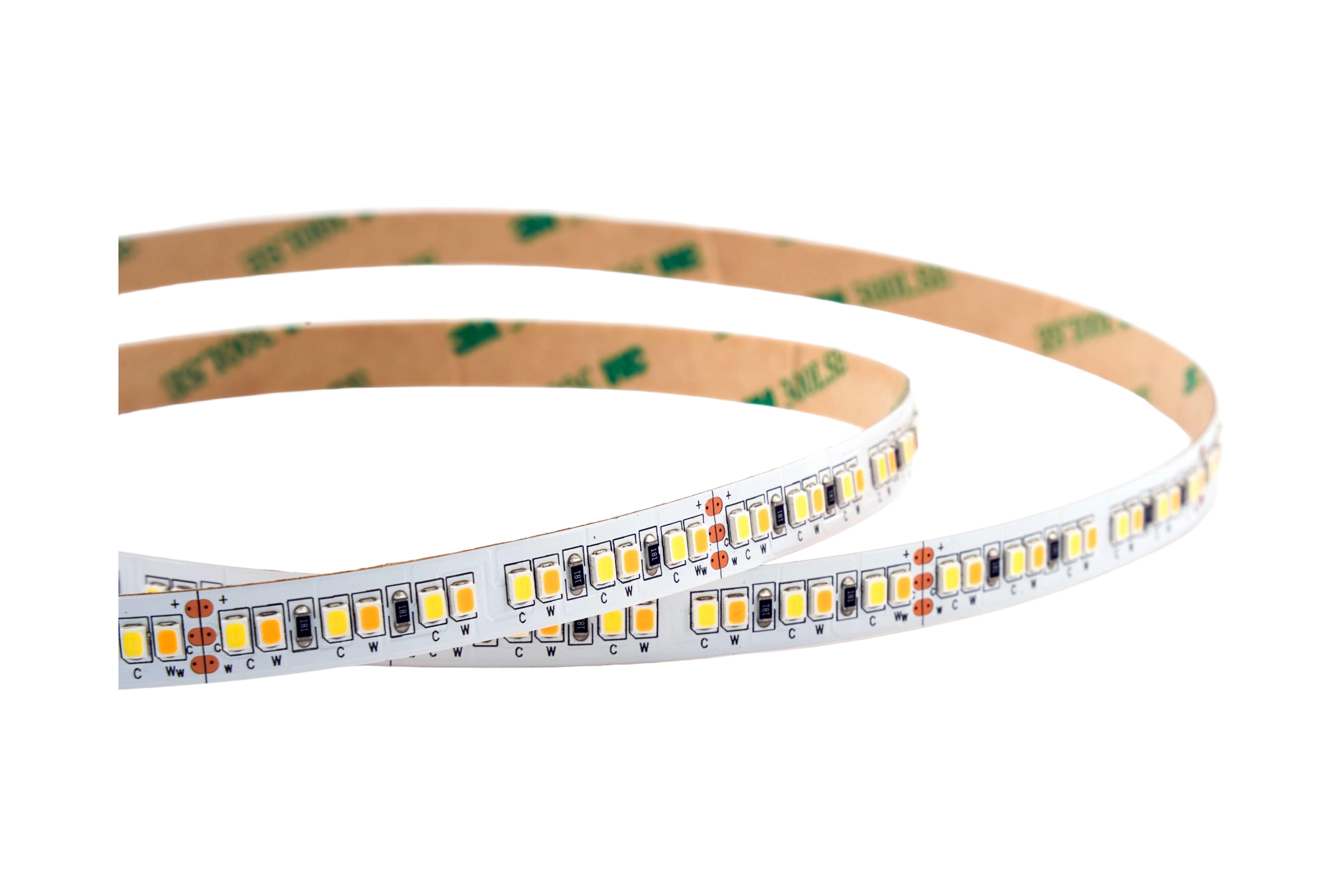 CCT LED Streifen 24V – 192 LEDs/m, CRI82, 2700–6500K Tunable White CCT LED Streifen 24V mit 192 LEDs pro Meter im unbeleuchteten Zustand – flexibles LED Band mit CRI82, Tunable-White Funktion und hochwertiger 3M-Klebefläche