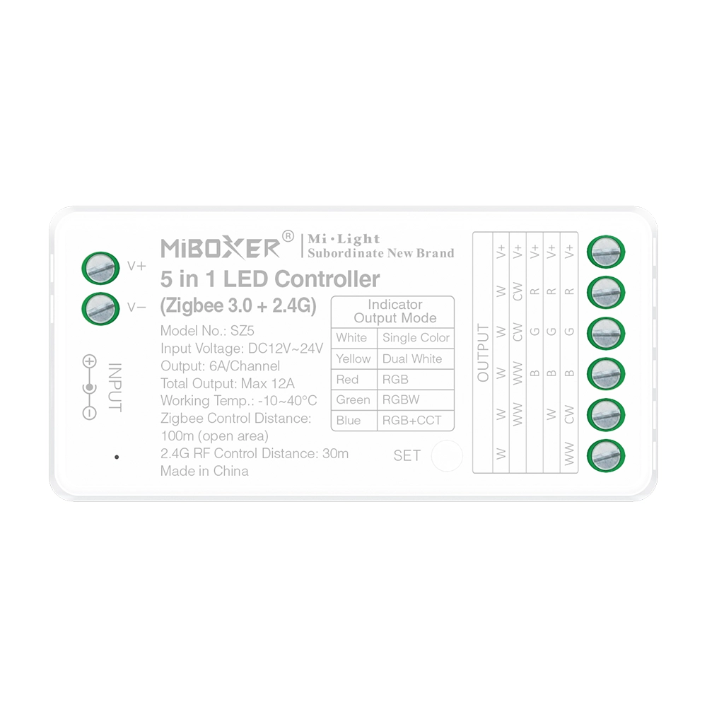 MiBoxer SZ5 5-in-1 LED-Controller – Zigbee 3.0 & 2.4 GHz, Einfarbig, CCT, RGB, RGBW, RGB+CCT, 12–24 V, 12 A