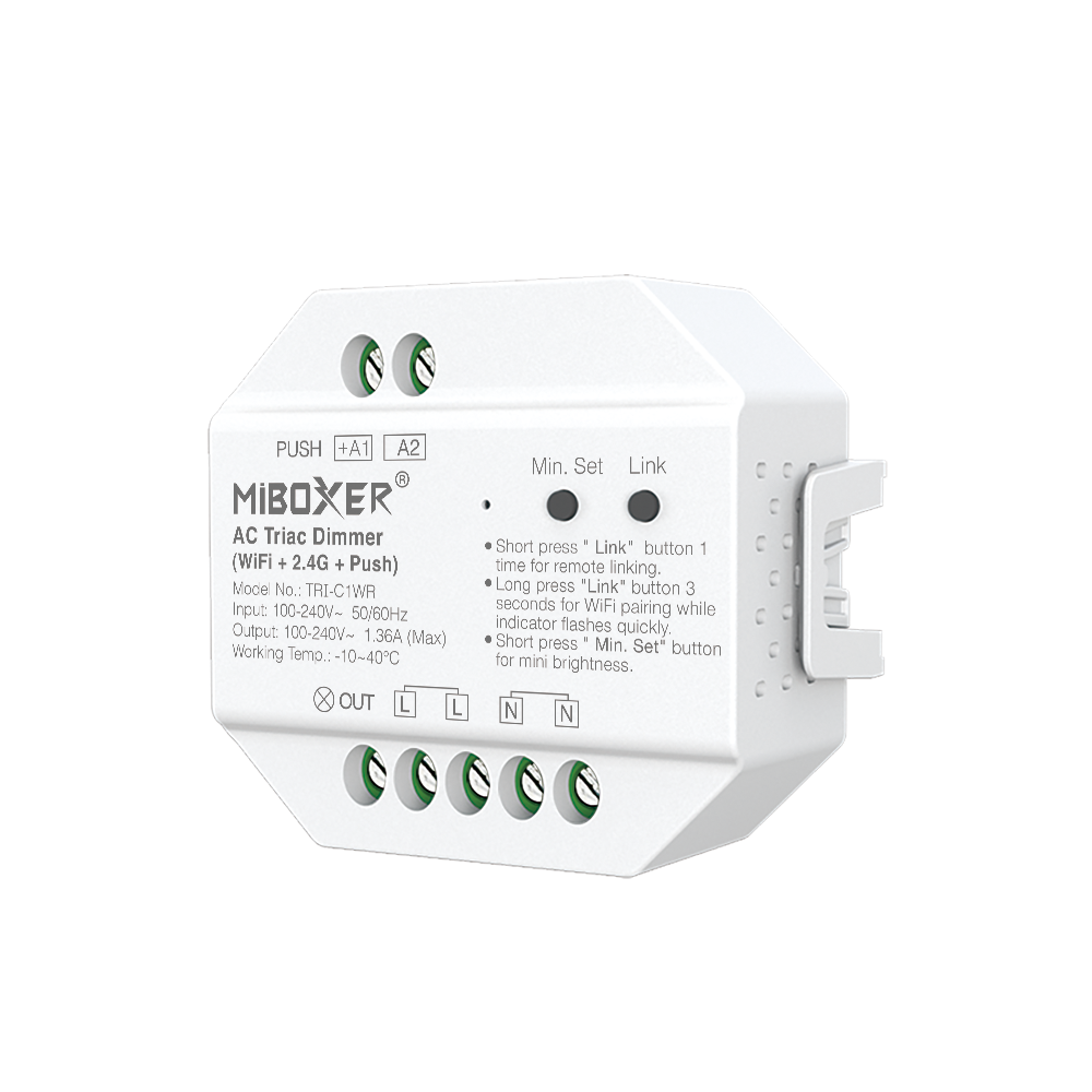 MiBoxer TRI-C1WR WIFI LED-Dimmer für 230 V Leuchten – Triac-Dimmer mit 2,4 GHz Funk & Tastersteuerung