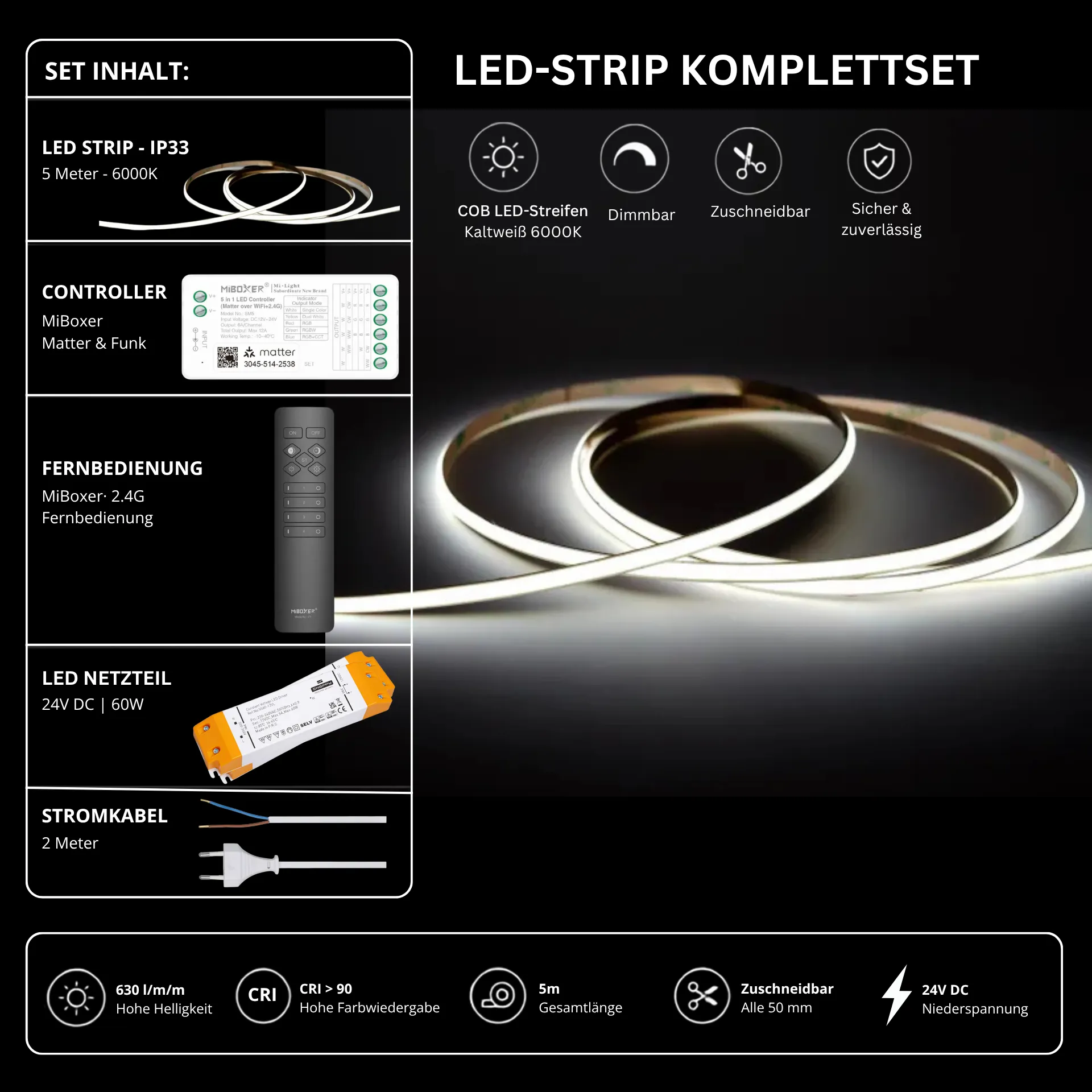 LED Streifen Set Einfarbig COB Schmal – 5 mm COB LED Streifen 24V, punktfrei, 7 W/m, 5m, Kaltweiß 6000K, CRI 90 – SS60 Netzteil, SM2 Matter Controller & C1 Fernbedienung Schwarz