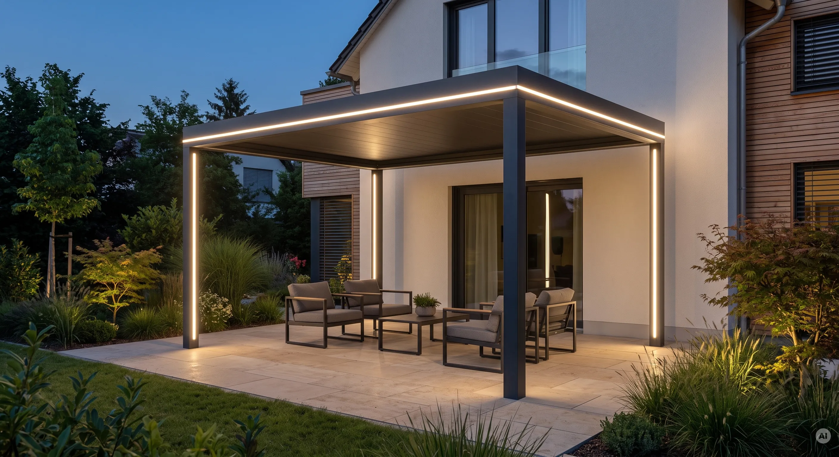 Moderne Terrassenpergola aus anthrazitfarbenem Aluminium an einer hellem Putzfassade. Durchgehende warmweiße LED-Neon-Flex-Profile an den Pfosten und der Dachkante bilden einen beleuchteten Rahmen um die Sitzgruppe.