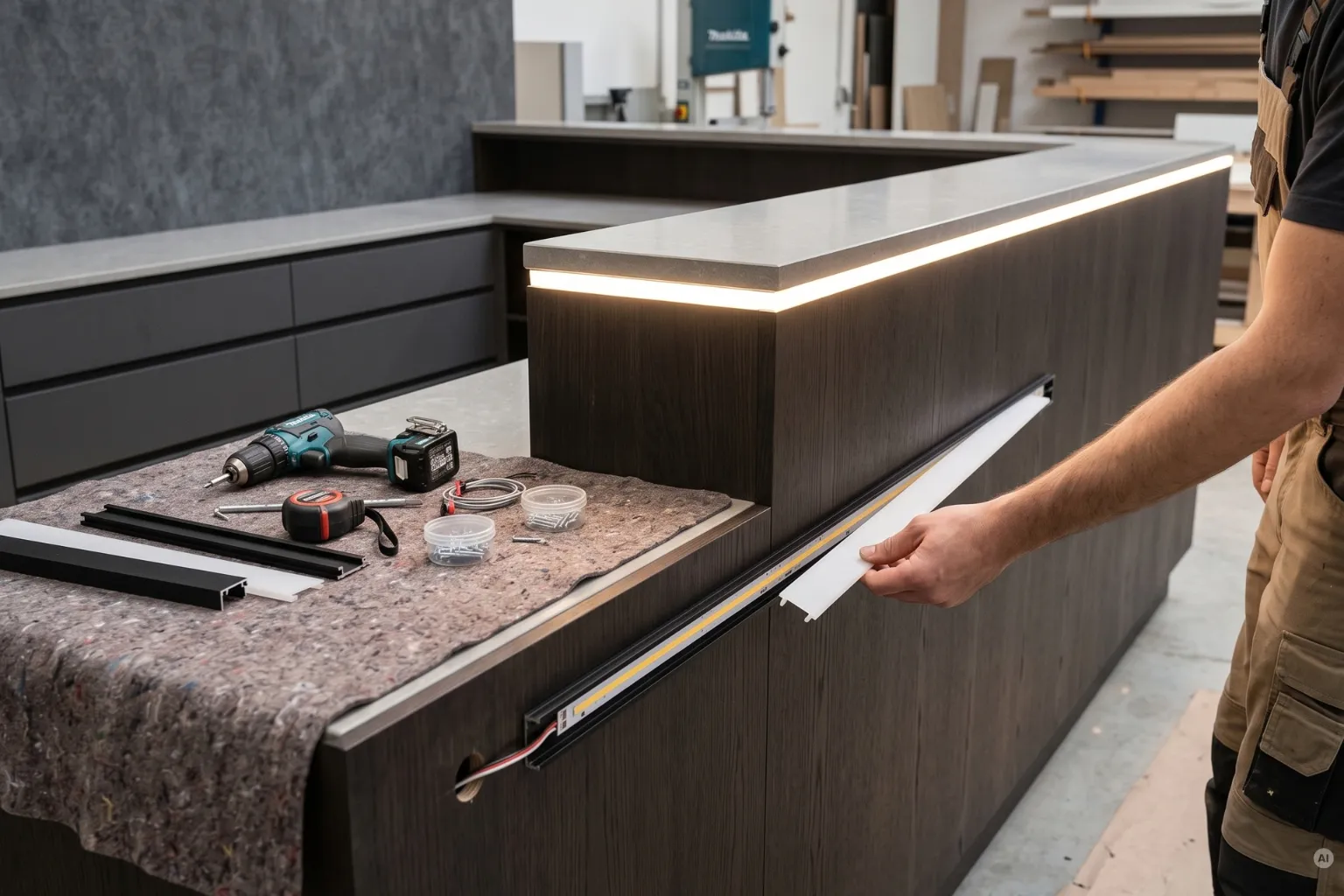 Ein Schreinermeister montiert einen LED-Lichtstreifen mit Diffusor-Abdeckung unter der Theke eines modernen Empfangstresens aus dunklem Holz. Werkzeuge wie Akkubohrer liegen bereit.