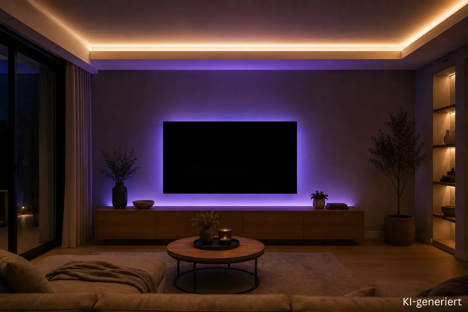 RGB LED Streifen Set als farbige Hintergrundbeleuchtung hinter der TV-Wand im Wohnzimmer