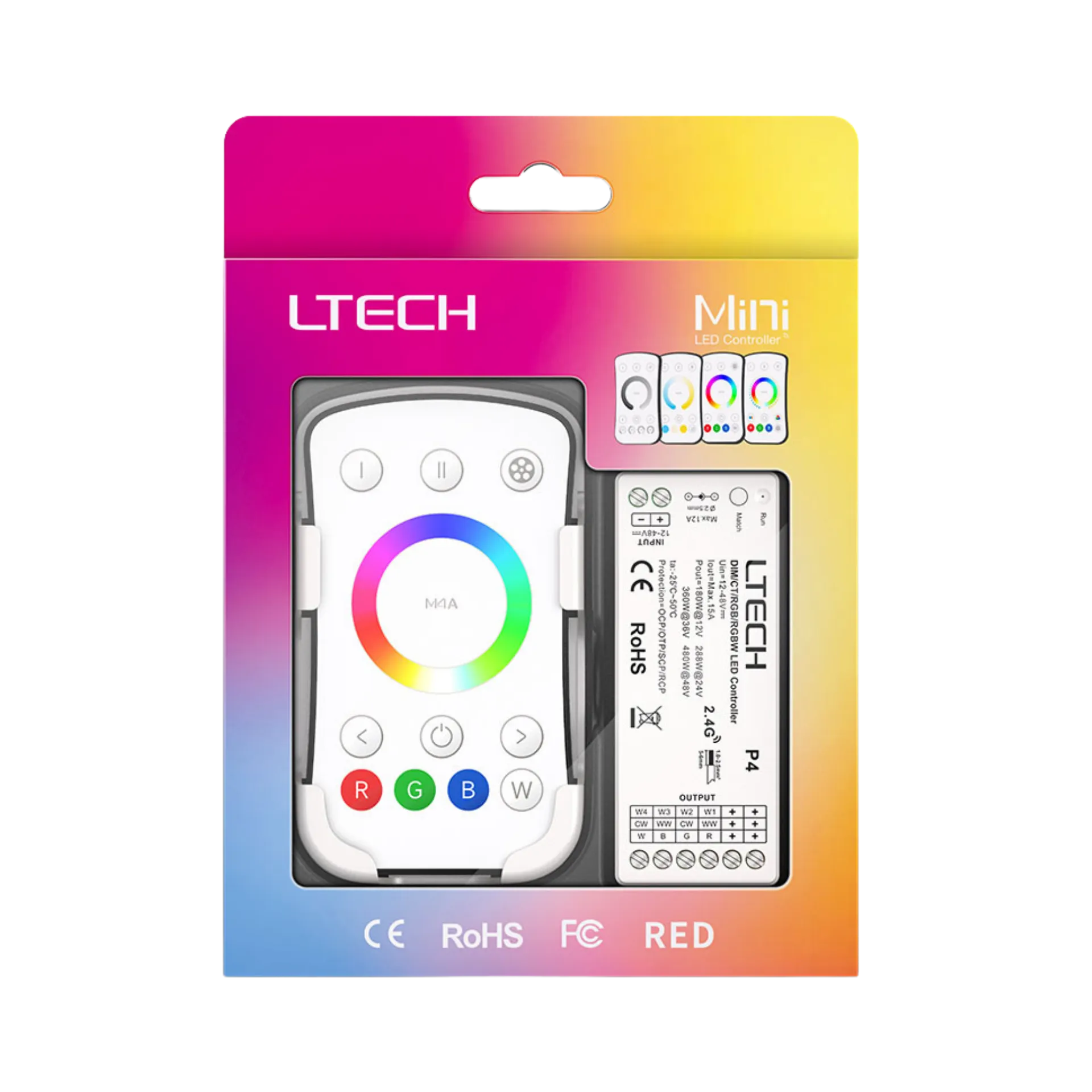 LTECH M4A+P4 LED RGBW Funk Set 2.4 GHz, Funk Fernbedienung & 4-Kanal Empfänger, 12-48V DC, für RGB und RGBW LED Streifen