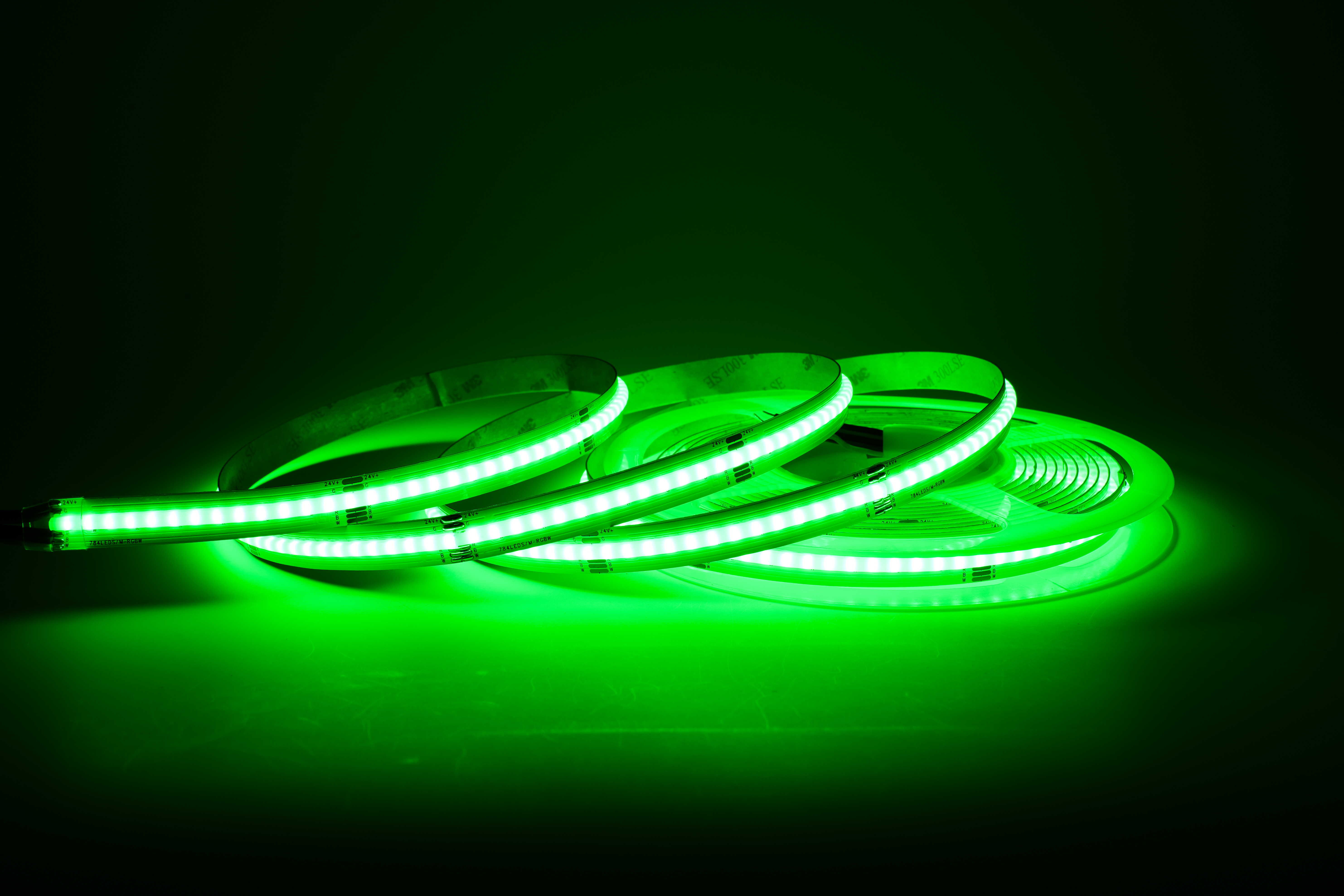 COB RGBW LED-Streifen 12 mm in RGB-Farben – homogene Darstellung in Rot, Grün und Blau ohne sichtbare LED-Punkte