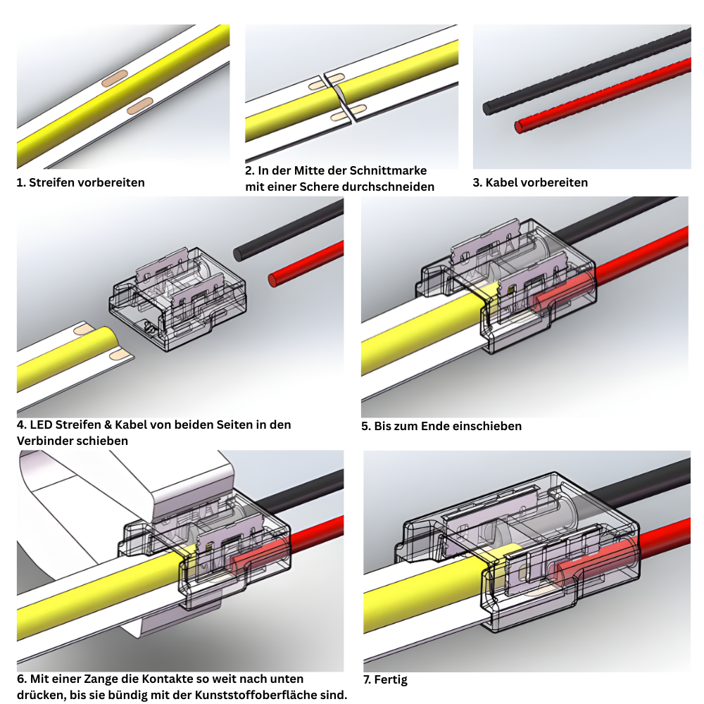 LED Strip-zu-Kabel Schnellverbinder – 2-polig, frei konfigurierbar für 5 mm COB Streifen (ohne Kabel)