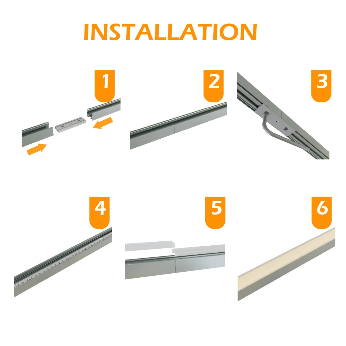 Montageanleitung PETG-Geradverbinder für LED Einbauprofil EXO-A2 in sechs Schritten – vom Einstecken des Verbinders über die gerade und Eckverbindung bis zur fertigen leuchtenden Lichtlinie mit Abdeckung