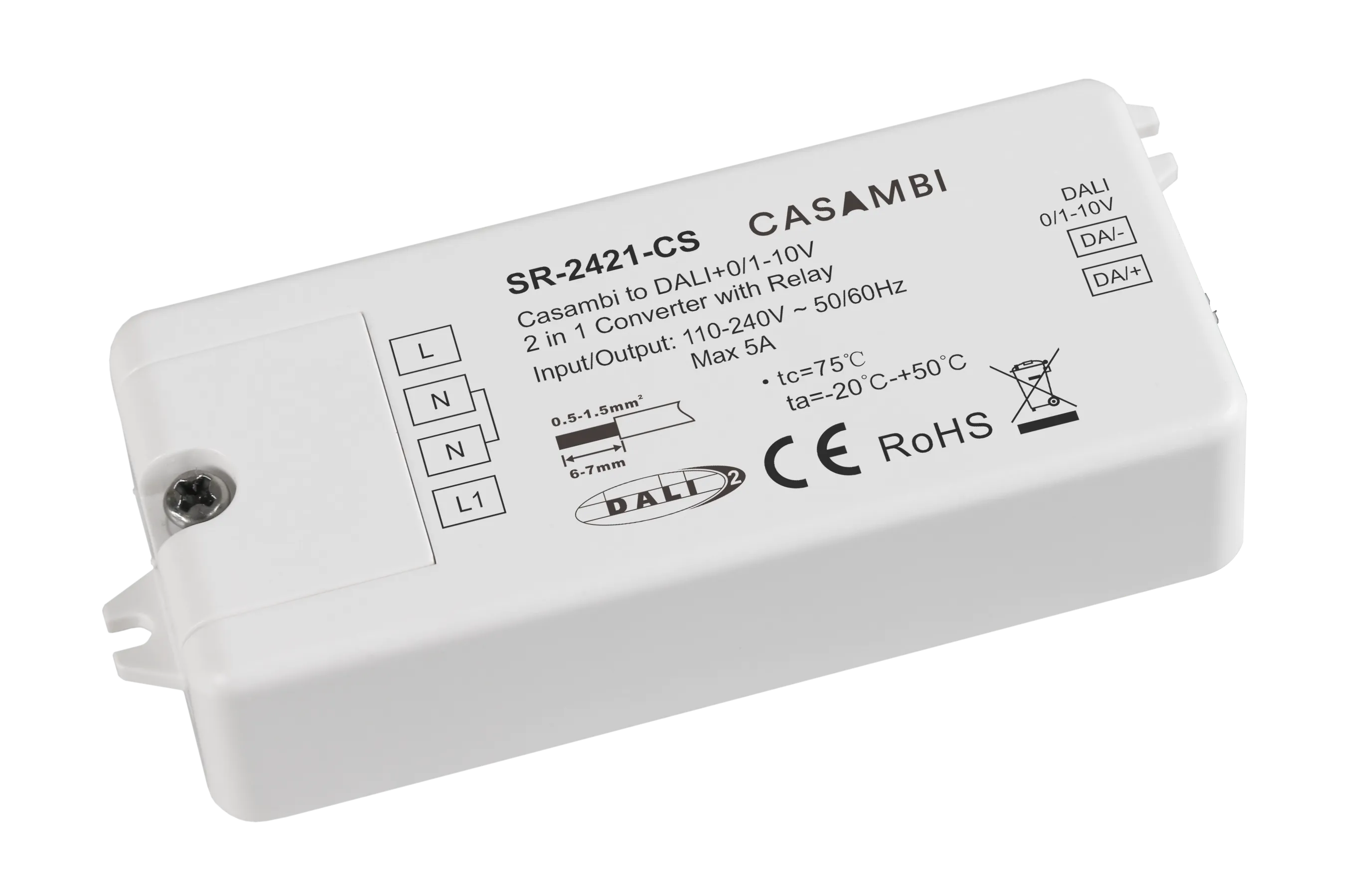 Casambi DALI Gateway SR-2421-CS Ansicht schräg Casambi DALI 0-10V Gateway SR-2421-CS zweite Perspektive Produktbild