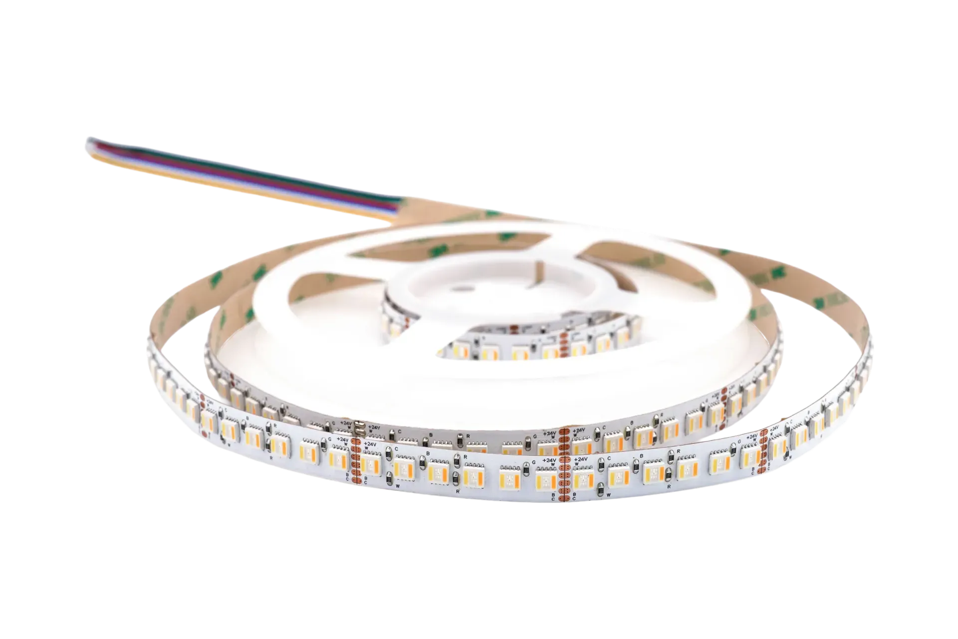 Hochwertiger RGBW SMD LED-Streifen auf Rolle mit dichter LED-Bestückung für gleichmäßige Lichtlinien und professionelle Beleuchtung.