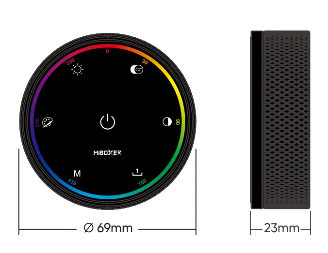 Technische Zeichnung MiBoxer K6 RGB+CCT Controller mit 69mm Durchmesser und 23mm Höhe