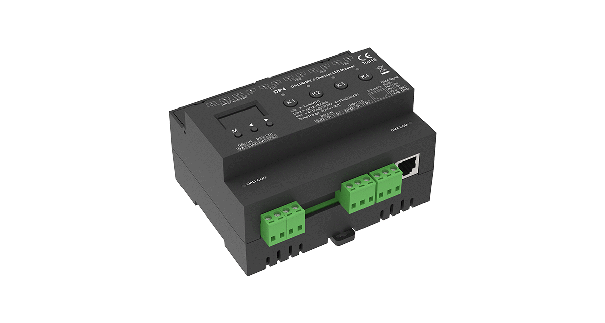 DP4 LED-Dimmer 4-Kanal – DALI & DMX Steuerung, 4x12A, 12–48 V DC, Konstantspannung für Hutschiene