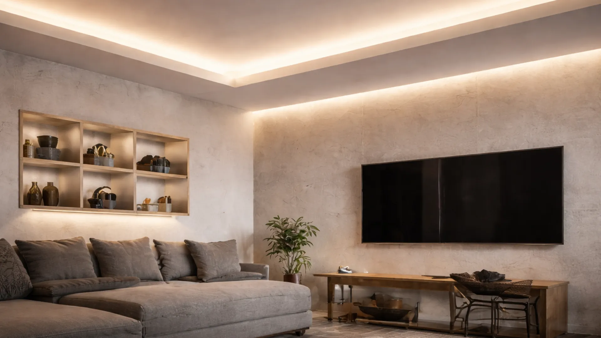 LED Trockenbauprofil in abgehängter Decke mit indirekter Beleuchtung im Wohnzimmer und warmweißem LED Licht