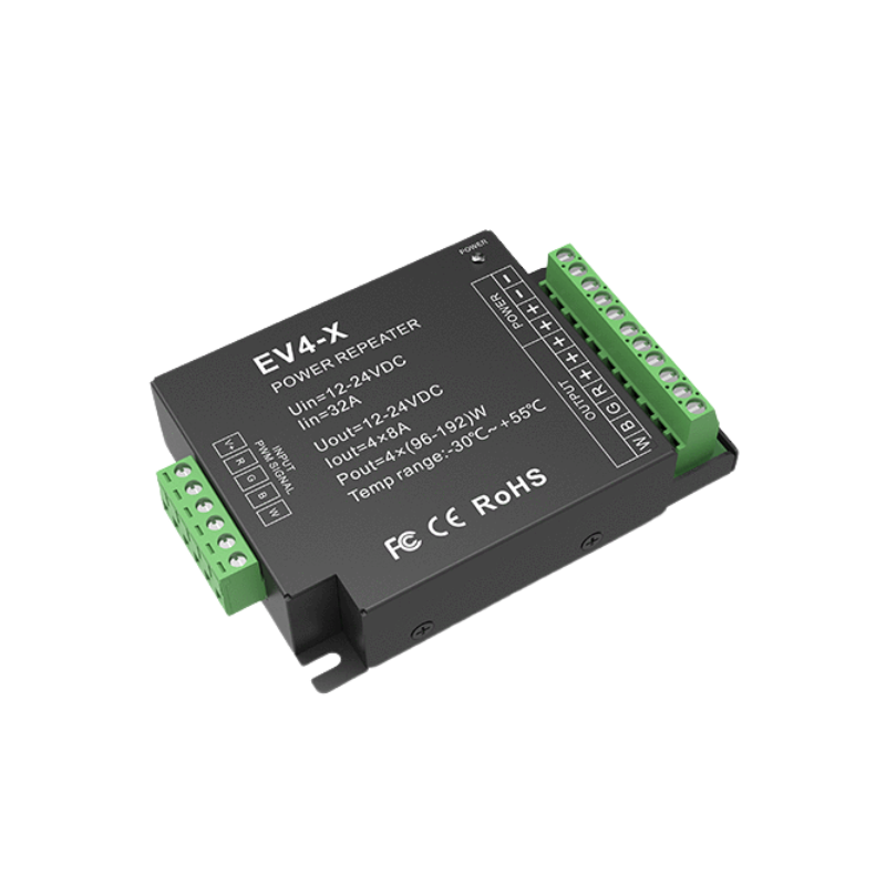 EV4-X – 4-Kanal 8A Konstantspannungs-Power-Repeater, 12–24V DC, PWM-Signalverstärker für LED-Streifen EV4-X – 4-Kanal 8A Konstantspannungs-Power-Repeater, 12–24V DC, PWM-Signalverstärker für LED-Streifen