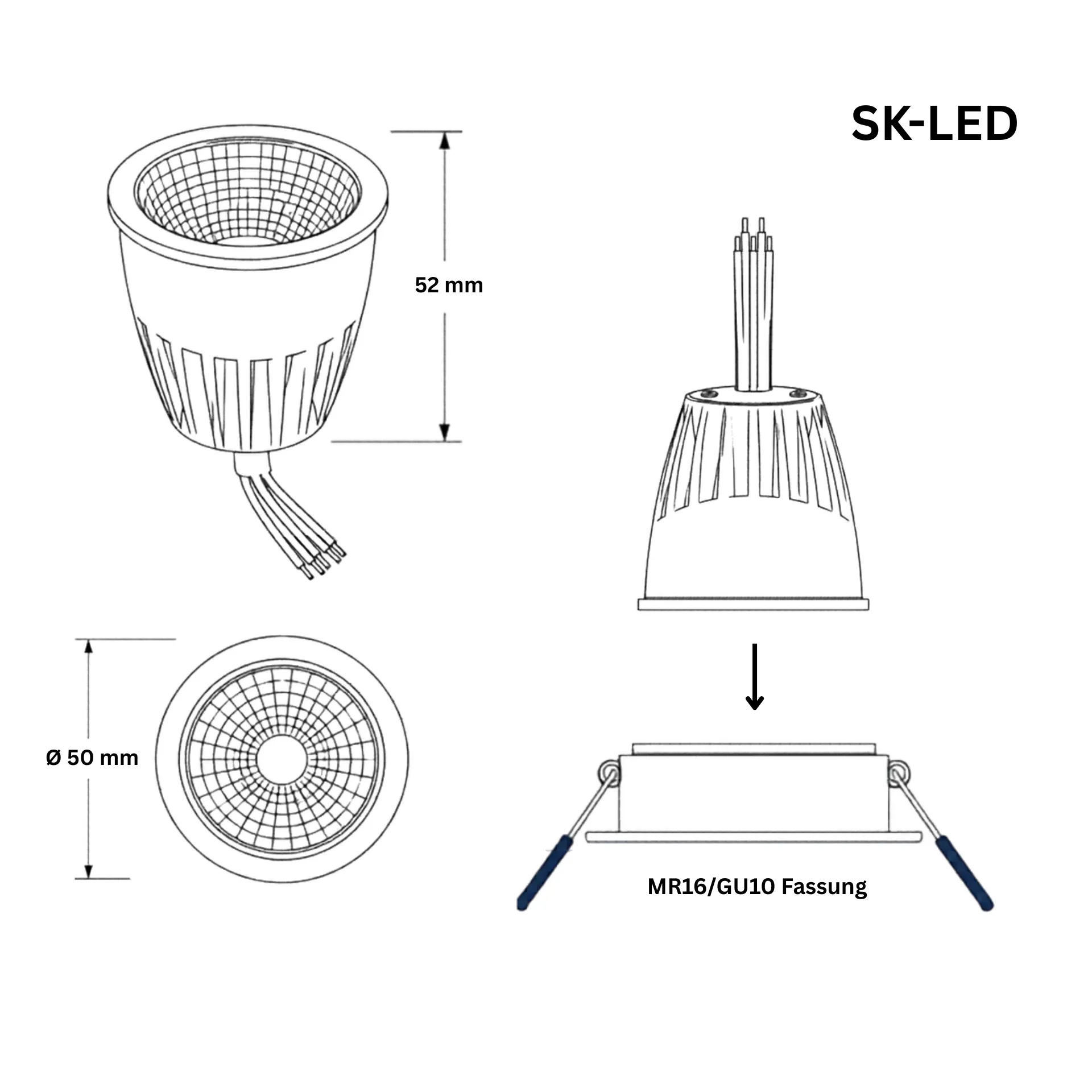 MR16 LED Spot 10W 24V RGBW Maßzeichnung – 2700K Warmweiß CRI95 60° Abstrahlwinkel Maßzeichnung MR16 LED Spot 10W 24V DC RGBW mit 2700K Warmweiß, CRI 95 und 60° Abstrahlwinkel