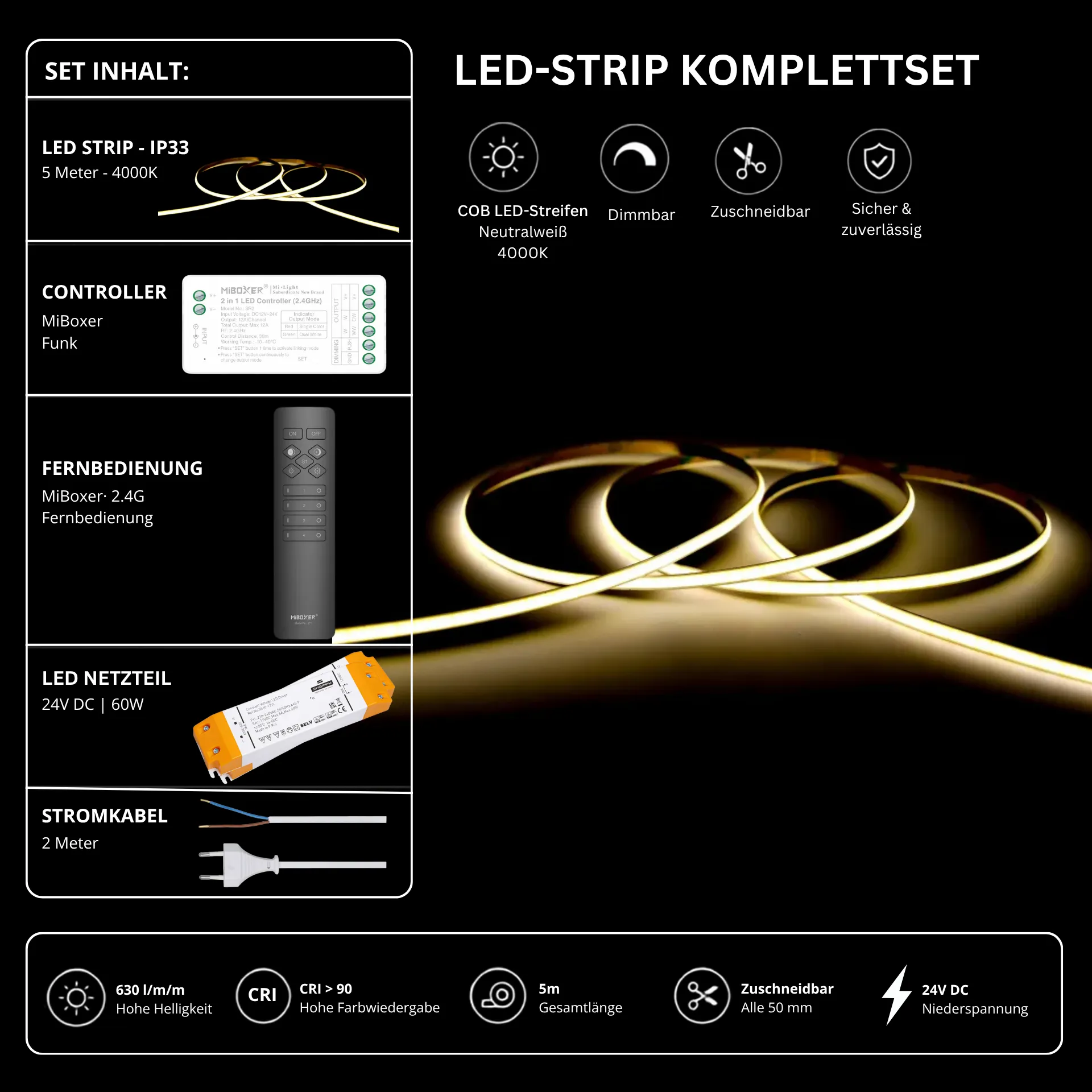 LED Streifen Set Einfarbig COB Schmal – 5 mm COB LED Streifen 24V, punktfrei, 7 W/m, 5m, Neutralweiß 4000K, CRI 90 – SS60 Netzteil, SR2 Funk-Controller & C1 Fernbedienung Schwarz