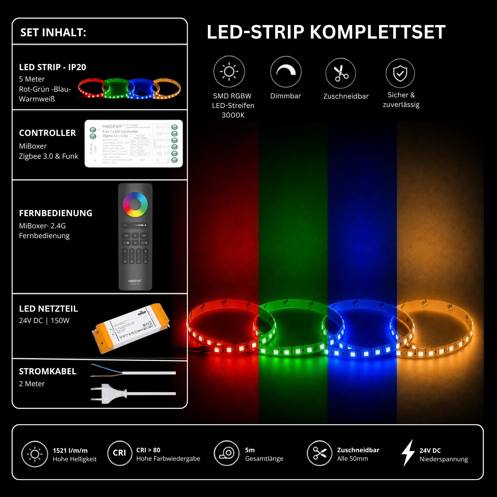LED Streifen Set RGBW – SMD LED Streifen 24V, 4-in-1, 19,2 W/m, 5m, RGB + Warmweiß 3000K – SS150 Netzteil, SZ5 Zigbee 3.0 Controller & C5 Fernbedienung Schwarz