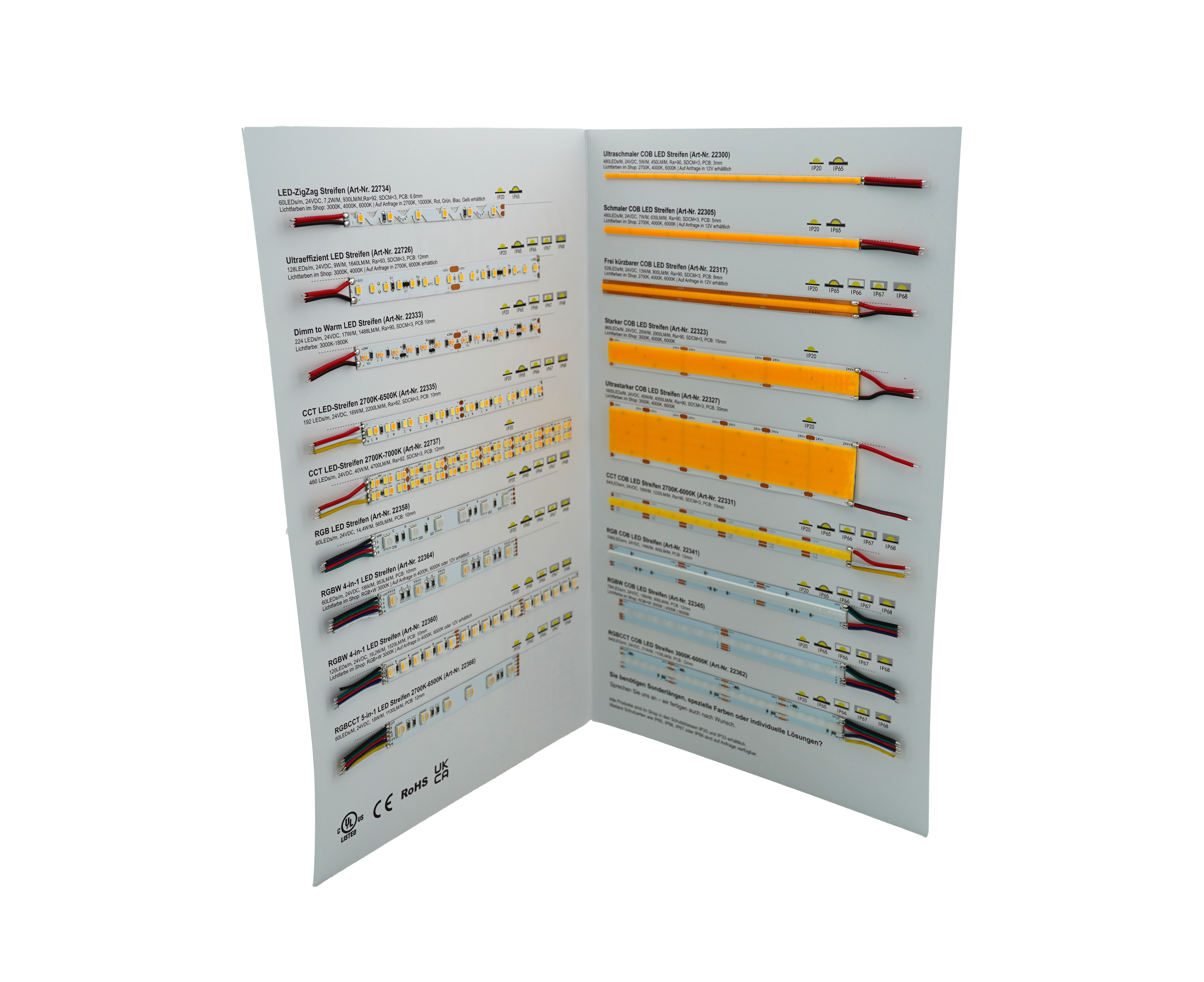 CCT LED Streifen Muster im SK-LED Musterheft – Farbtemperaturen 2700K bis 7000K vergleichen