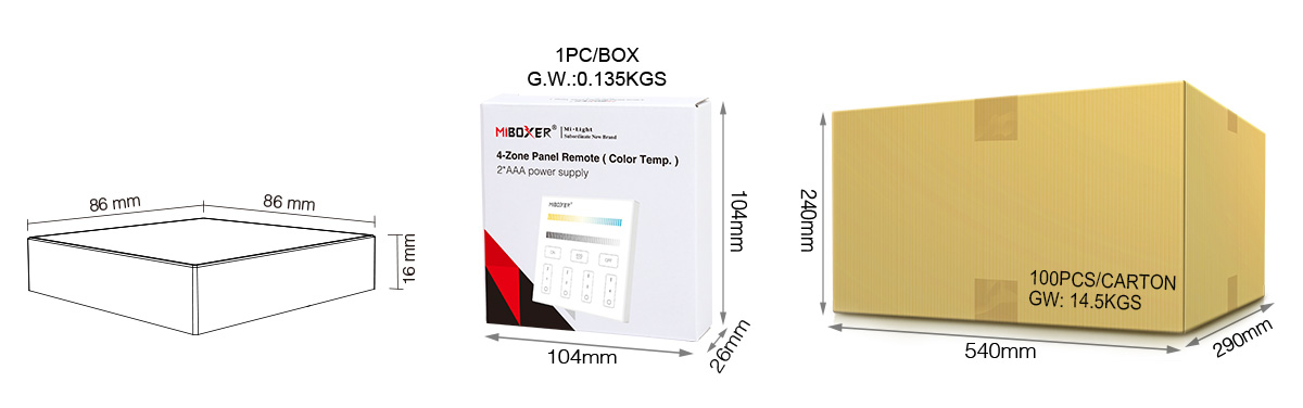 MiBoxer B2 Weiß CCT LED Wandfernbedienung Touchpanel 2.4GHz mit Verpackung und Maßangaben für LED Streifen Steuerung