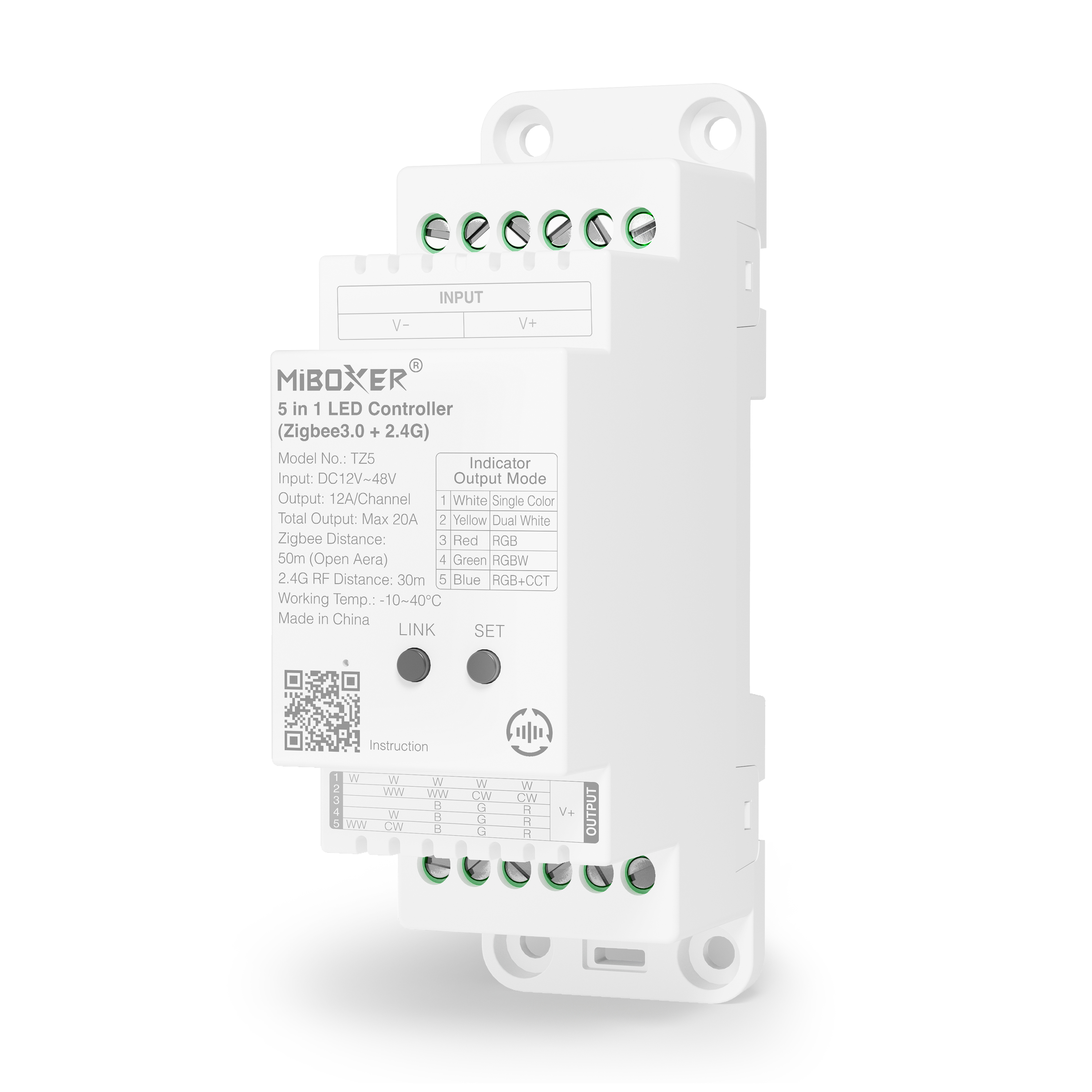 MiBoxer TZ5 2-in-1 LED-Controller für Hutschiene– Zigbee 3.0 & 2.4 GHz, Einfarbig, CCT, RGB, RGBW, RGB+CCT, 12–48 V, 20 A