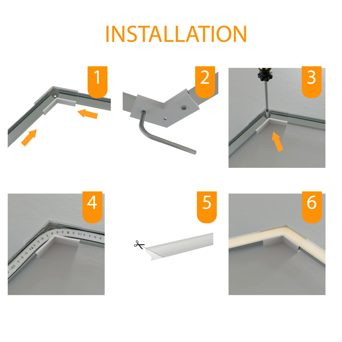 Montageübersicht PETG-Verbinder EXO-A1-13 – mögliche Winkel 90° 120° 135° und 180° für LED Aufbauprofile