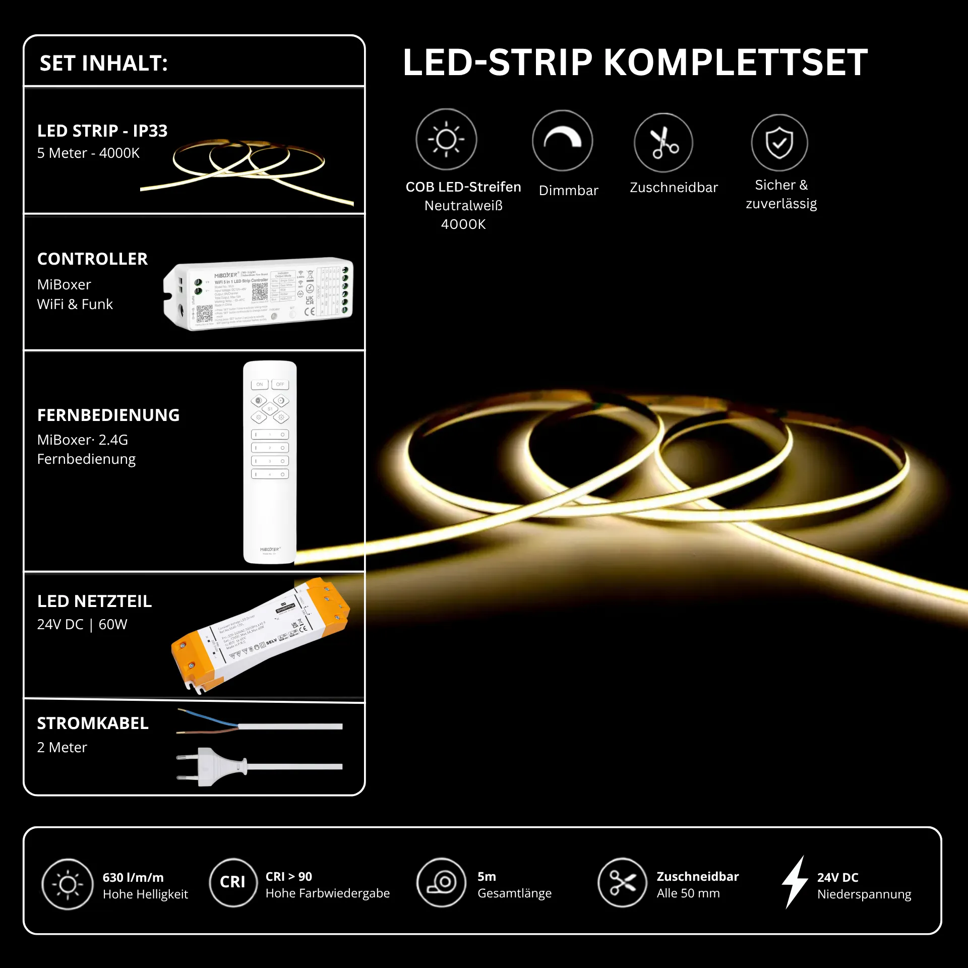 LED Streifen Set Einfarbig COB Schmal – 5 mm COB LED Streifen 24V, punktfrei, 7 W/m, 5m, Neutralweiß 4000K, CRI 90 – SS60 Netzteil, WL5 WiFi Controller & C1 Fernbedienung Weiß