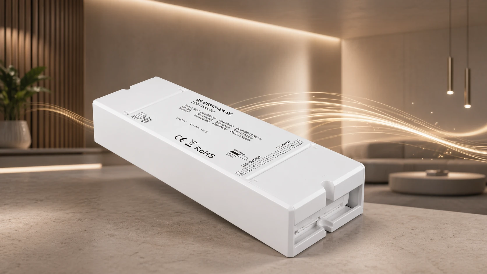 Casambi Controller für LED Beleuchtung und smarte Lichtsteuerung Casambi LED Controller zur smarten Steuerung von LED Streifen im Wohnzimmer mit indirekter Beleuchtung