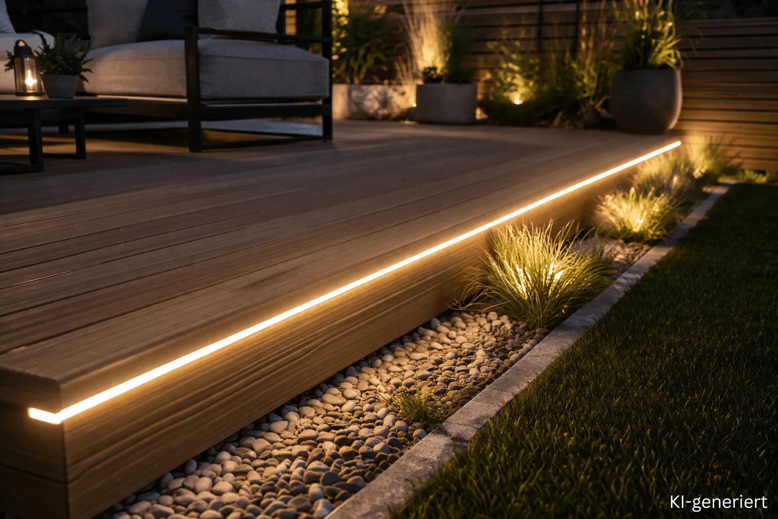 Terrassenkante mit LED Streifen als Randbeleuchtung am Holzdeck