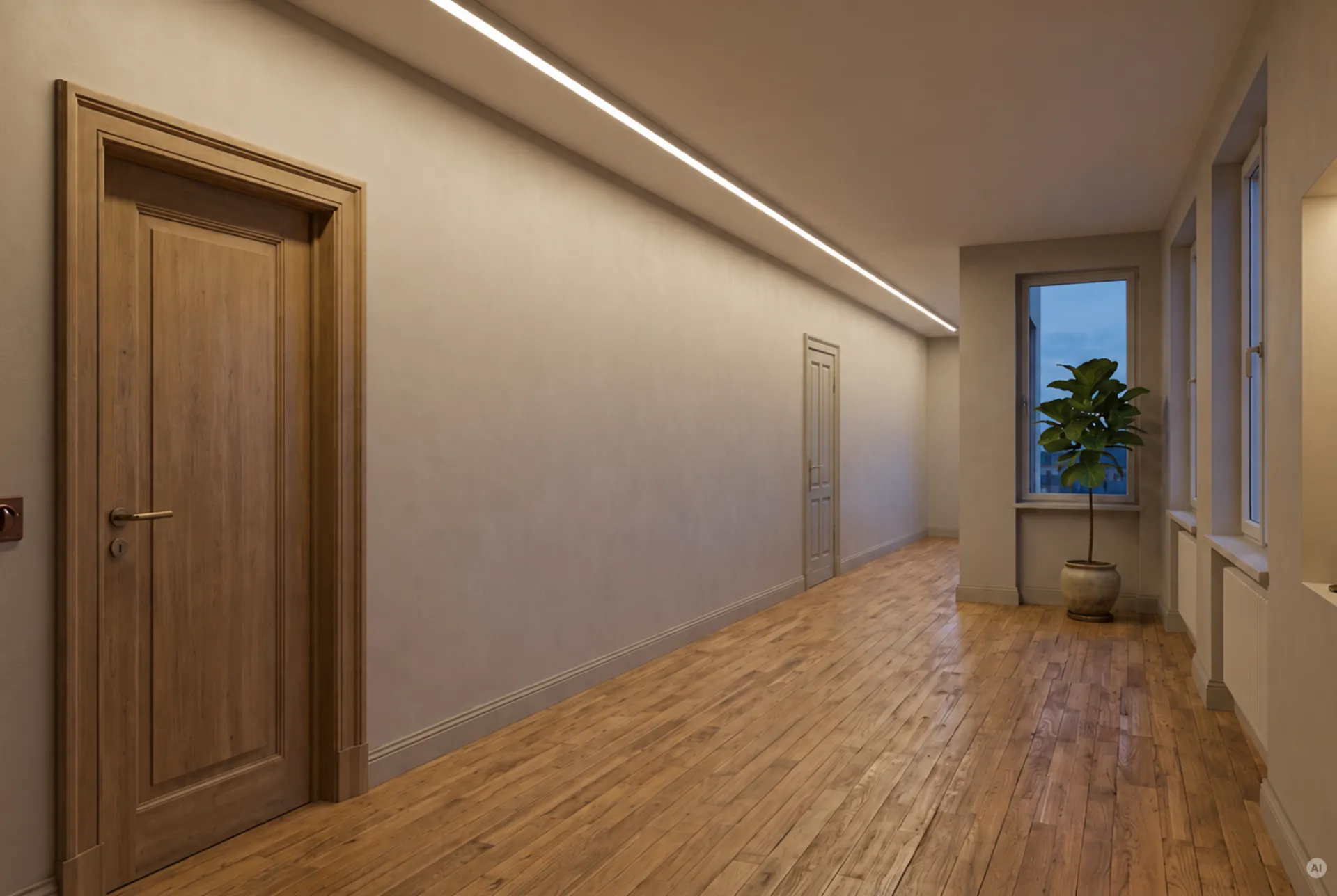 Eingelassenes LED-Deckenlichtband im Flurbereich Langer Flur mit Echtholzparkett und nahtlos in die Decke eingelassenem LED-Trockenbauprofil als Hauptbeleuchtung.