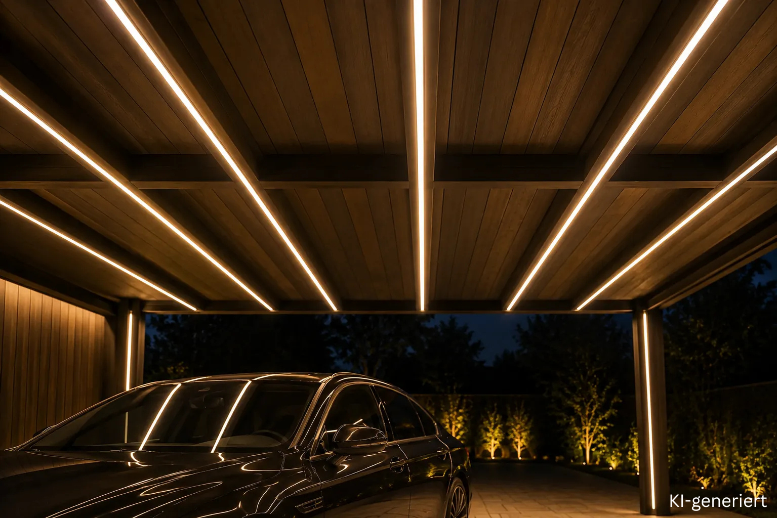 Carport-Decke mit LED Streifen in Aluprofilen als gleichmäßige Deckenbeleuchtung