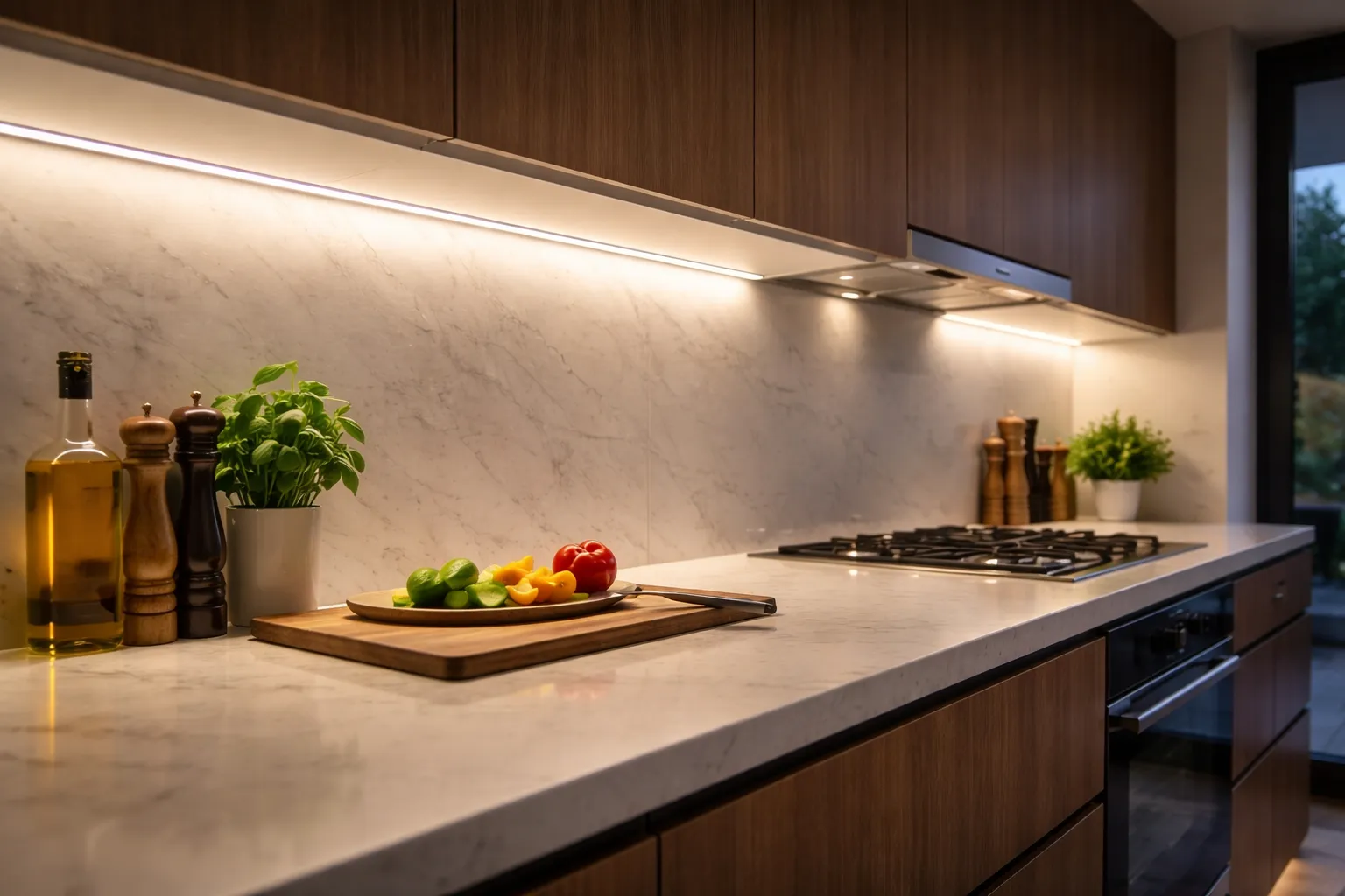 Arbeitsplattenbeleuchtung in der Küche mit LED Streifen für gleichmäßiges und schattenfreies Licht unter Hängeschränken