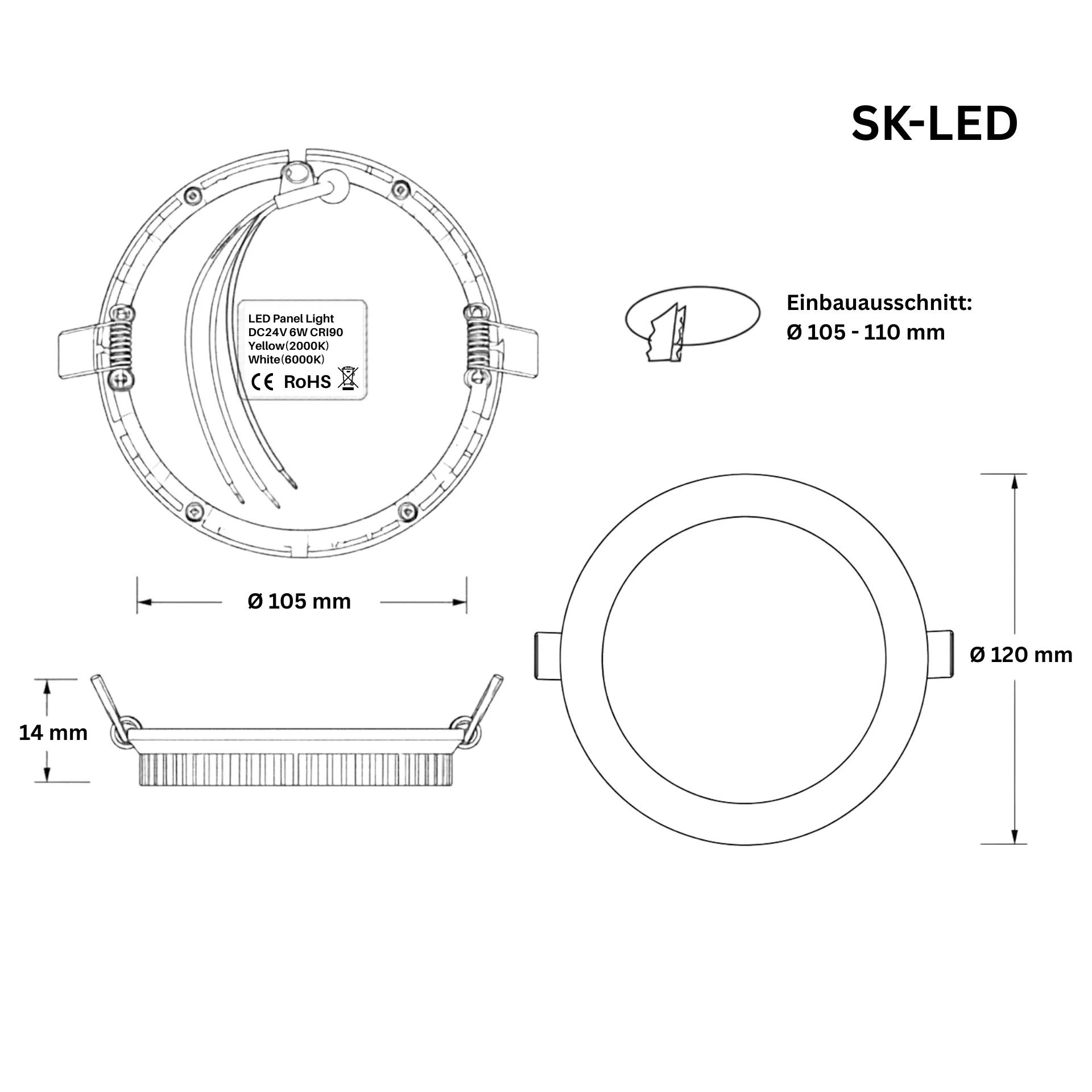 Maßzeichnung LED Panel rund 6W 24V DC mit CCT 2000-6000K, CRI 90, D120 mm und Ø105 mm Einbauöffnung