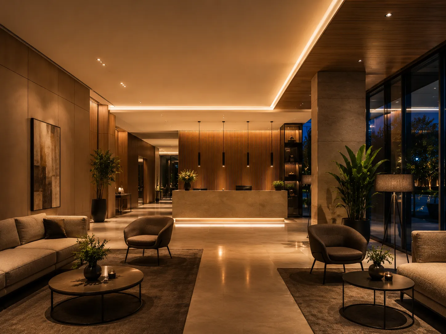 Hotellobby mit DALI Lichtsteuerung und mehreren LED Lichtebenen