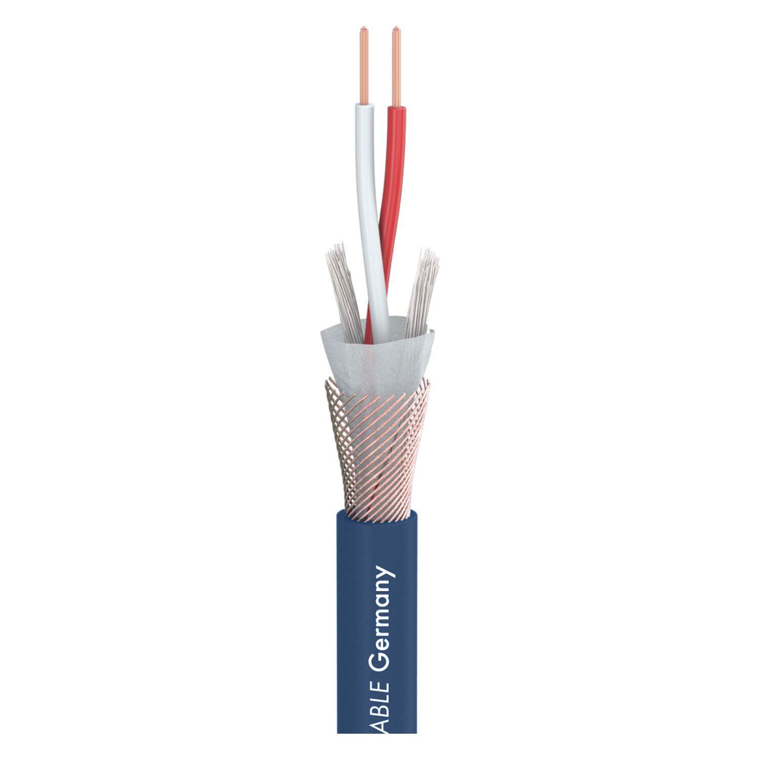 DMX Steuerkabel 2×0,34 mm² – Detailansicht – SK-LED DMX Steuerkabel 2×0,34 mm² – Detailansicht mit freigelegten Adern und Schirmung – blau – SK-LED