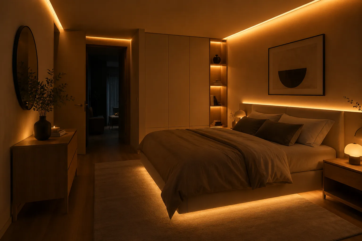 Modernes Schlafzimmer mit indirekter LED-Beleuchtung durch warmweiße 3000K LED-Streifen. Gleichmäßige Lichtlinien an Decke, Bett und Regal sorgen für eine gemütliche Atmosphäre ohne sichtbare LED-Punkte – ideal für stilvolle Ambientebeleuchtung.