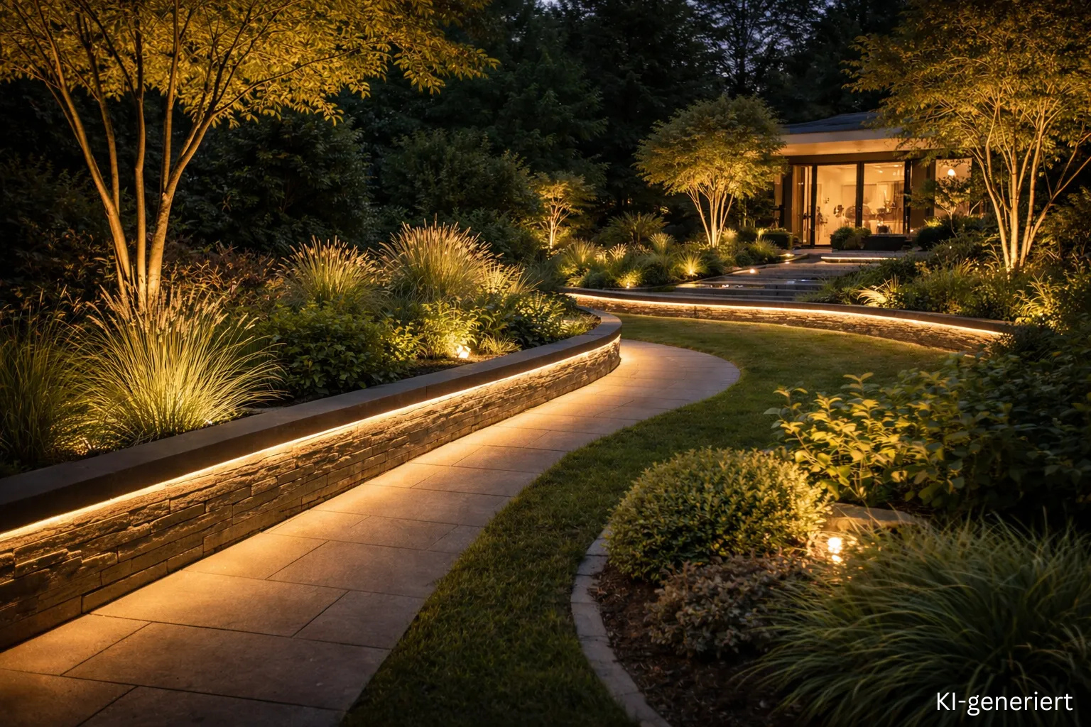 Gartenweg Beleuchtung mit LED Streifen – indirektes Licht entlang des Weges Beleuchtung eines Gartenwegs mit LED Streifen indirekt entlang von Mauern und Pflanzen für warmweißes Licht