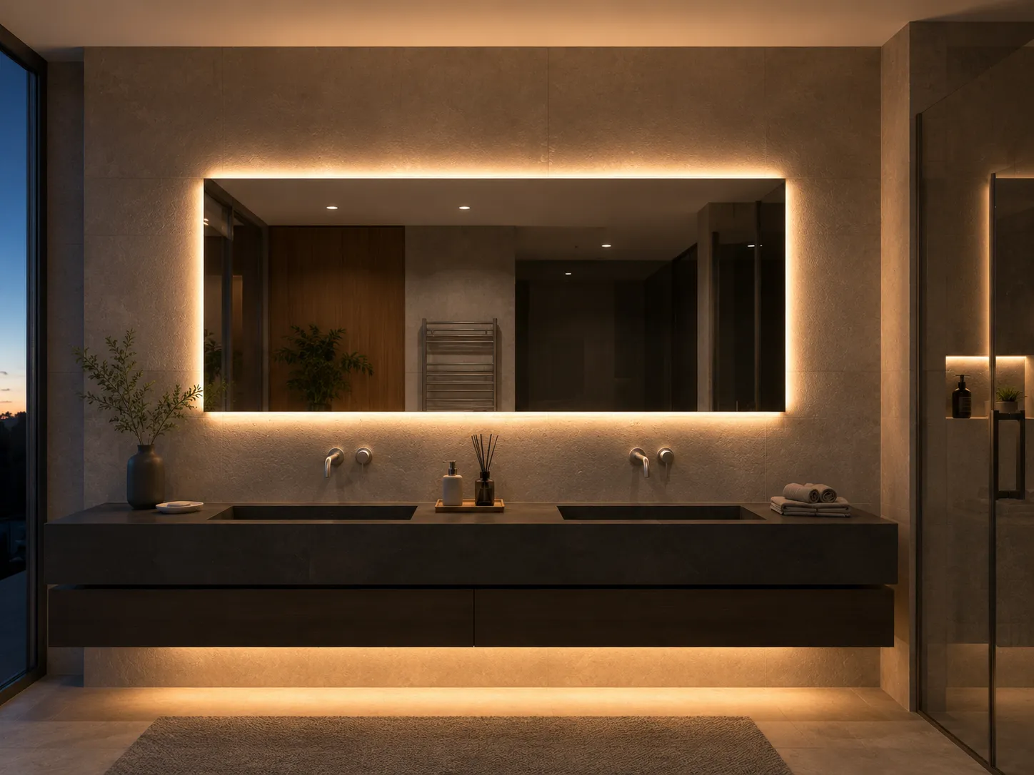 Modernes Badezimmer mit indirekter LED Spiegelbeleuchtung und Doppelwaschtisch