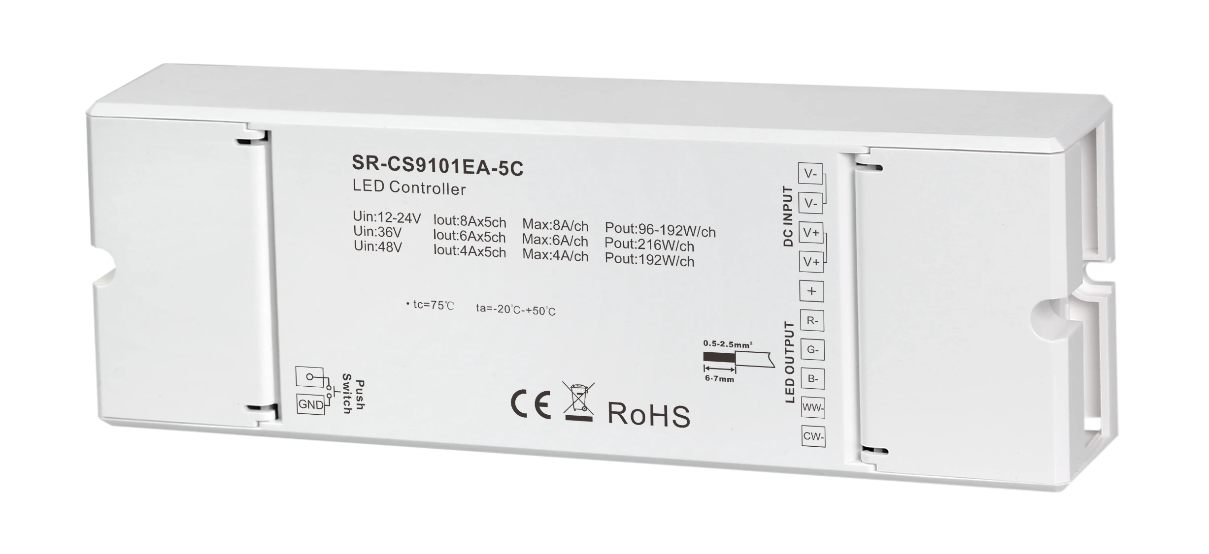 SR-CS9101EA-5C Casambi LED Controller 5-Kanal 8A, 7-in-1 Bluetooth Mesh, 12-48V DC, RGBCCT, RGBW, RGB, CCT, einfarbig