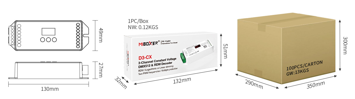MiBoxer D3-CX DMX512 & RDM Decoder – Technische Zeichnung mit Abmessungen (130x49x27mm), Produktverpackung (132x51x32mm) und Versandkarton (350x290x300mm, 100 Stück)