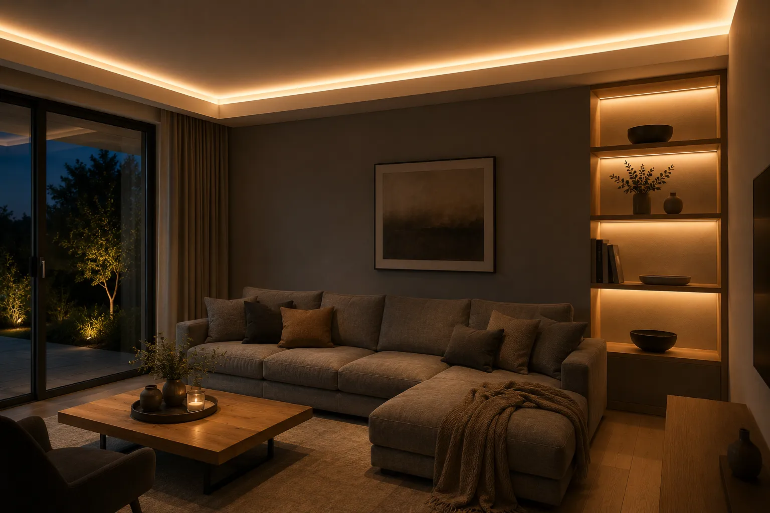 LED Streifen Set als indirekte Beleuchtung mit warmweißen Lichtlinien in Voute, Möbel und Wandnische
