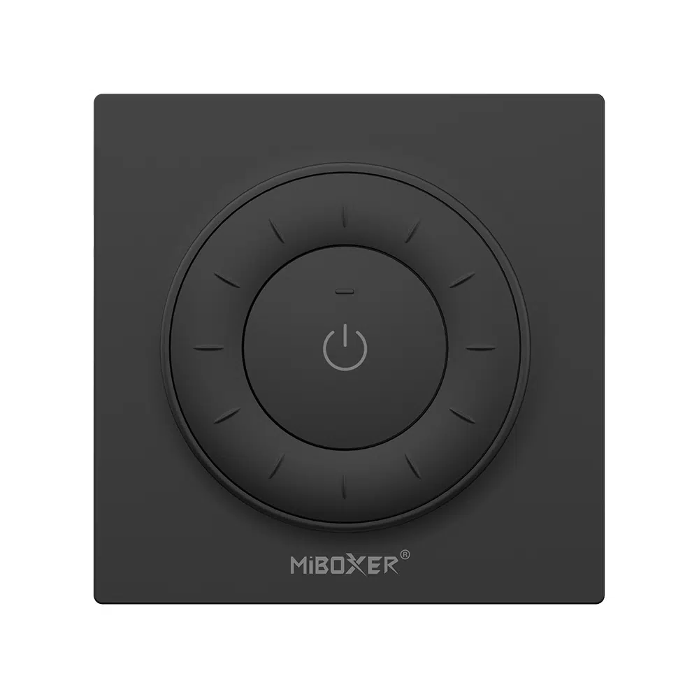 MiBoxer K3 Drehregler-Fernbedienung in Schwarz – 2,4 GHz Funk, 1 Zone, einfarbige LED Streifen, stufenlose Dimmung per Drehregler, magnetische Halterung, Frontansicht