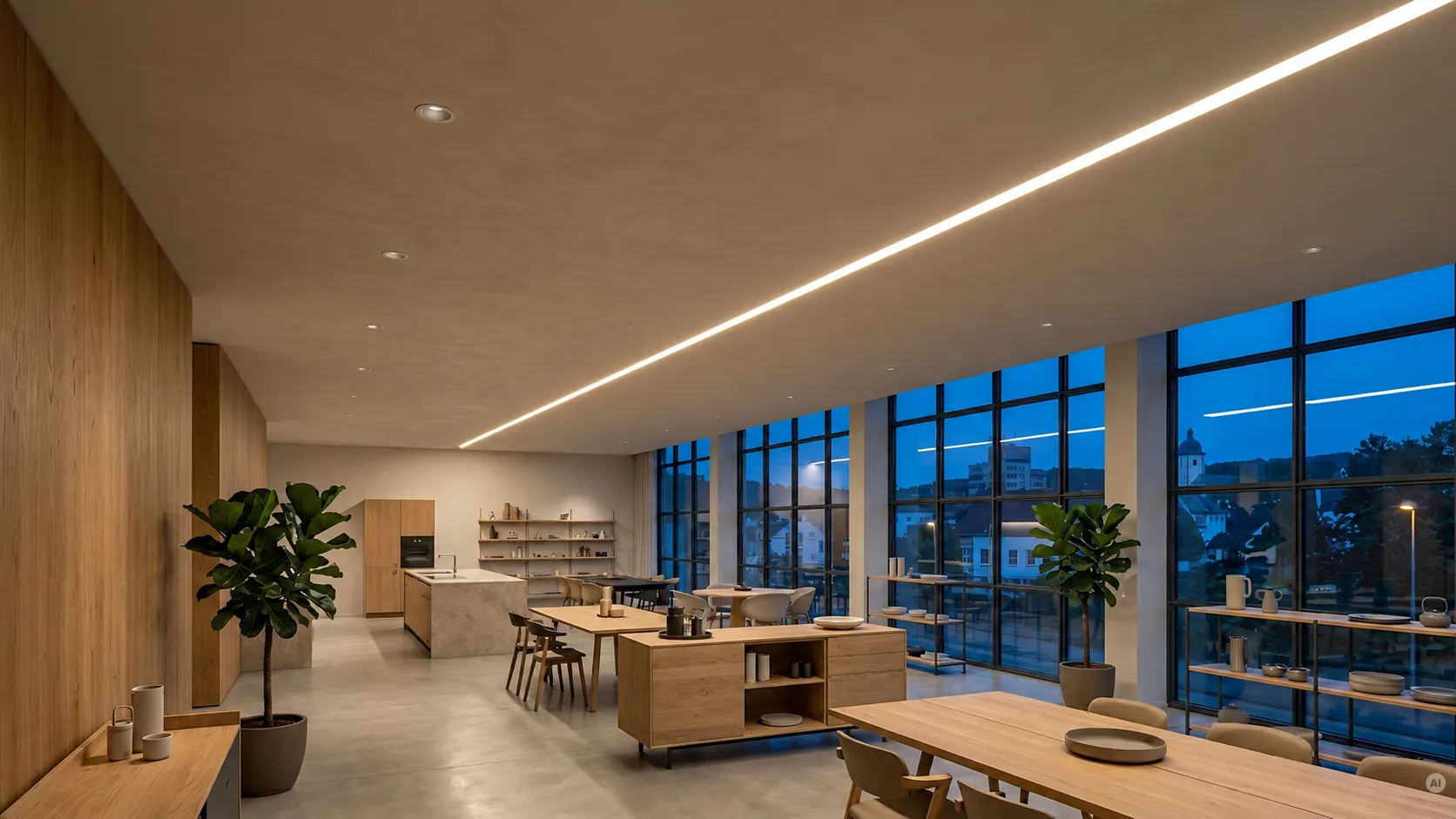Durchgehendes LED-Lichtband in der Decke eines modernen Showrooms mit Holzmöbeln und großen Panoramafenstern bei Abendstimmung.