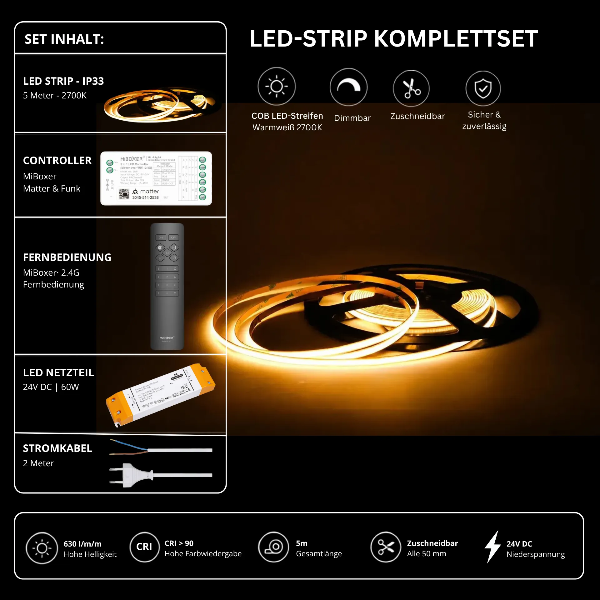 LED Streifen Set Einfarbig COB Schmal – 5 mm COB LED Streifen 24V, punktfrei, 7 W/m, 5m, Warmweiß 2700K, CRI 90 – SS60 Netzteil, SM2 Matter Controller & C1 Fernbedienung Schwarz