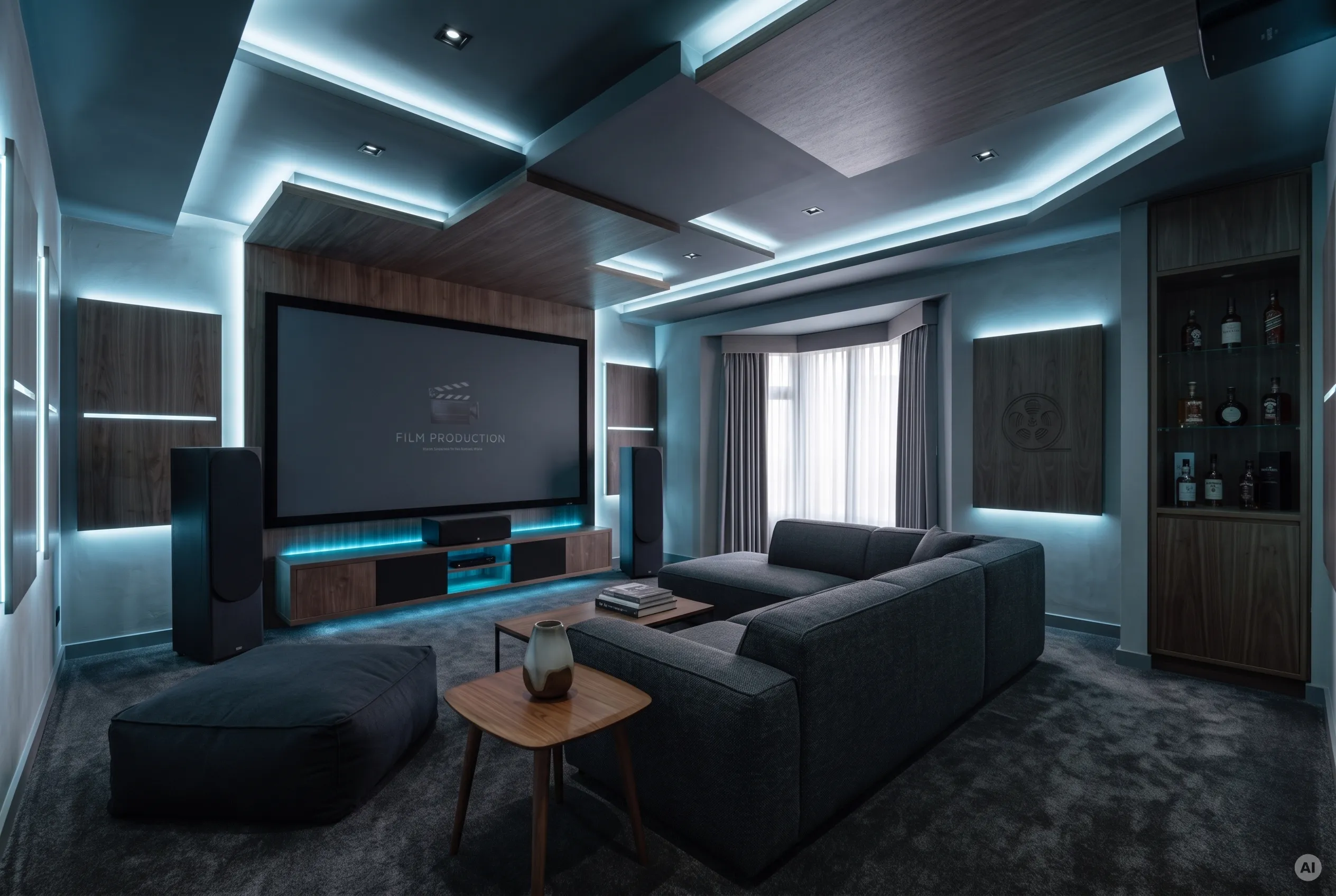 Modernes Keller-Heimkino im Pausenmodus mit großem Sofa, Holz-Akustikwand und indirekter, hellblauer LED-Beleuchtung an Decke und Wand.
