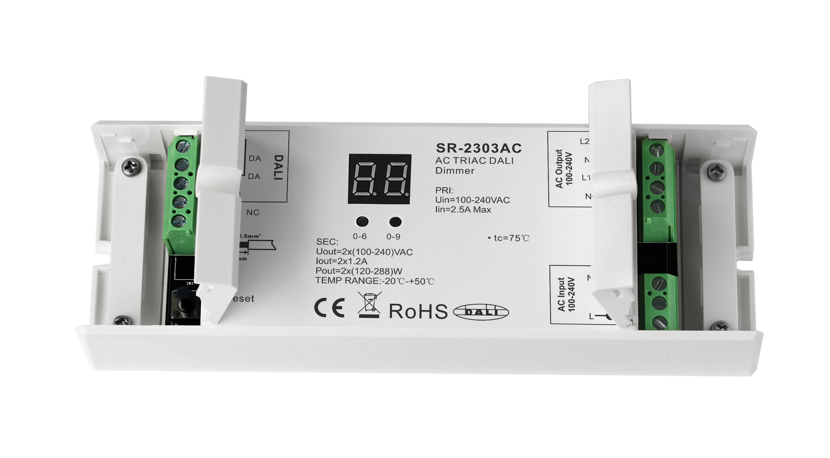 SR-2303AC DALI Phasenabschnitt-Dimmer – 2-Kanal AC-Dimmer für 100–240 V, DALI steuerbar
