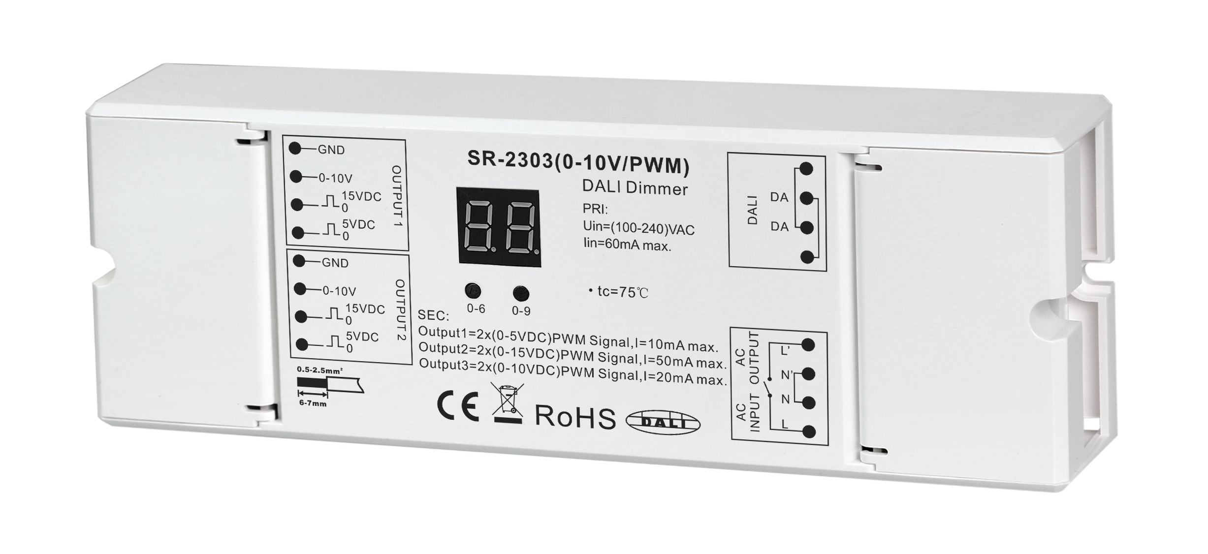 SR-2303 DALI auf 0-10V/PWM Konverter 2-Kanal mit Digital-Display und AC-Relais